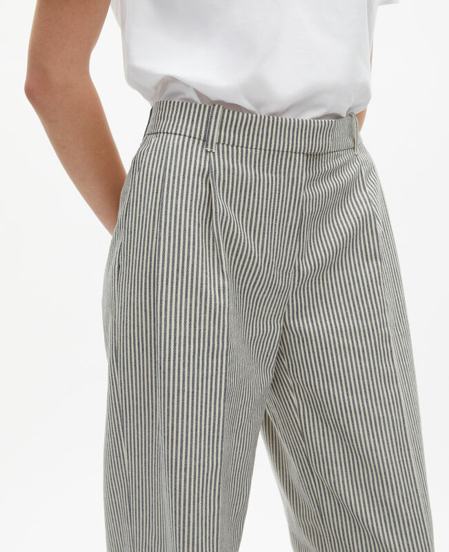 The Kooples FEMME BLANC / BLEU pantalon ample à rayures en coton et lin blanc