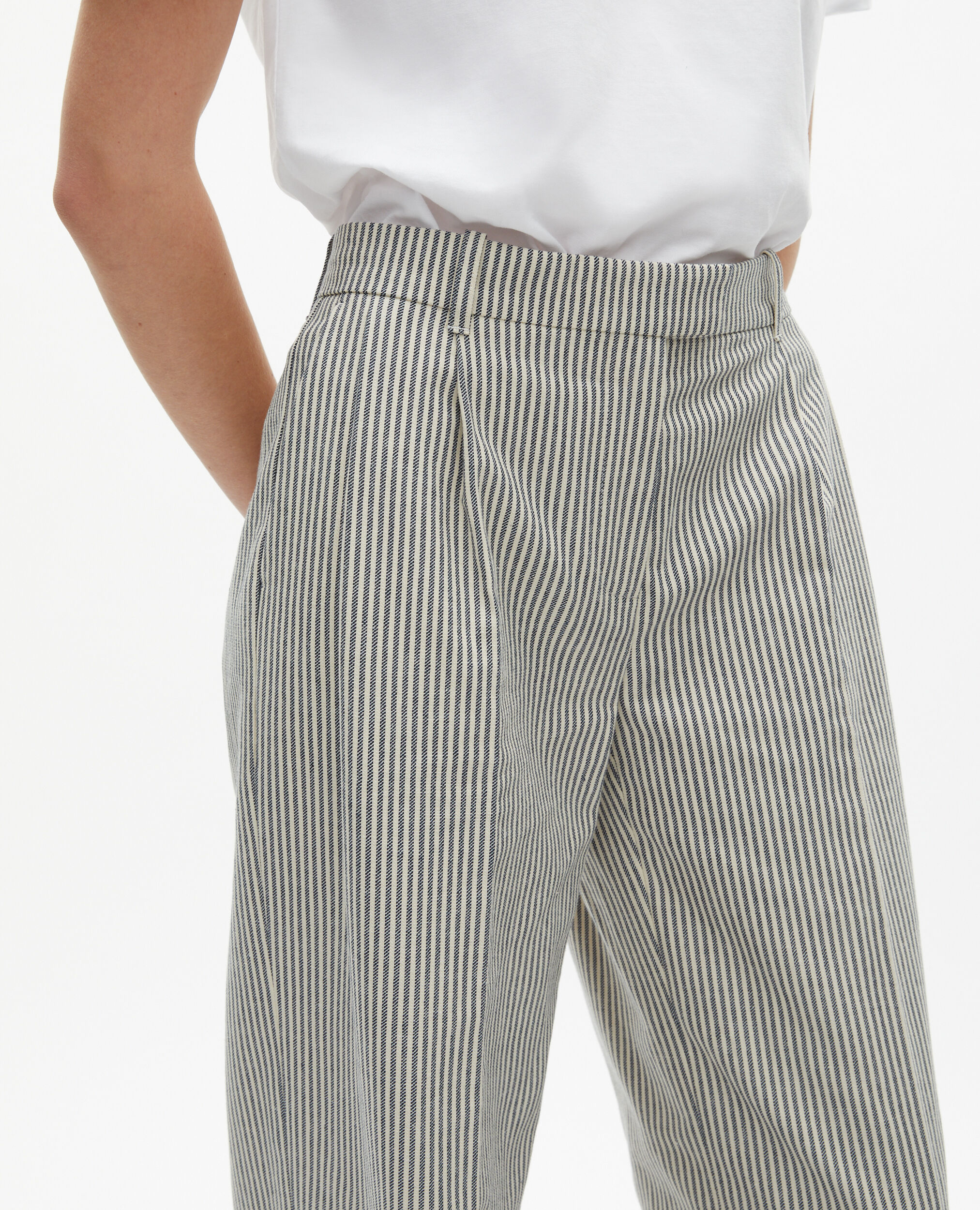 Pantalon ample à rayures en coton et lin blanc, BLANC / BLEU, hi-res image number null