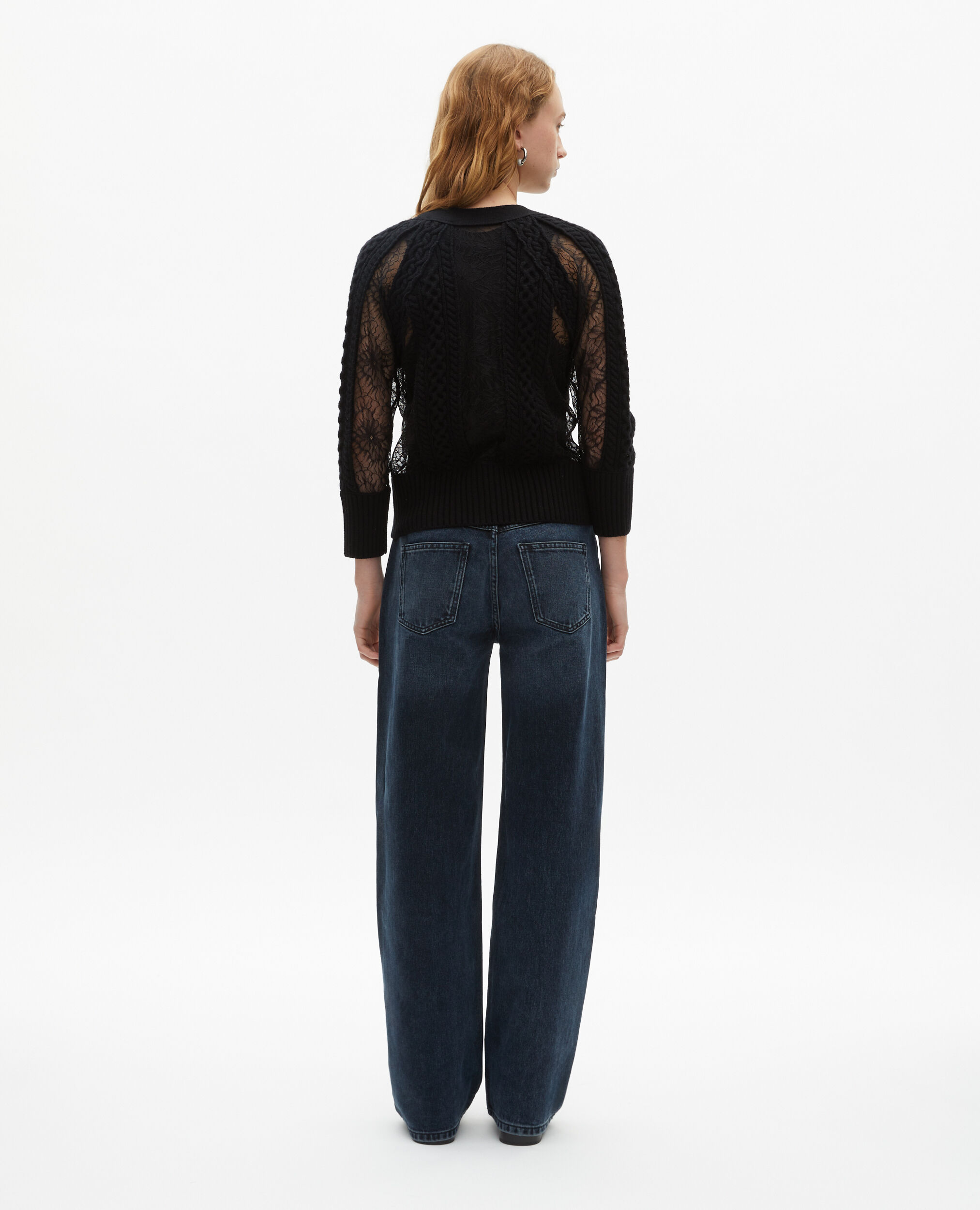 Cardigan en laine et dentelle noir, BLACK, hi-res image number null