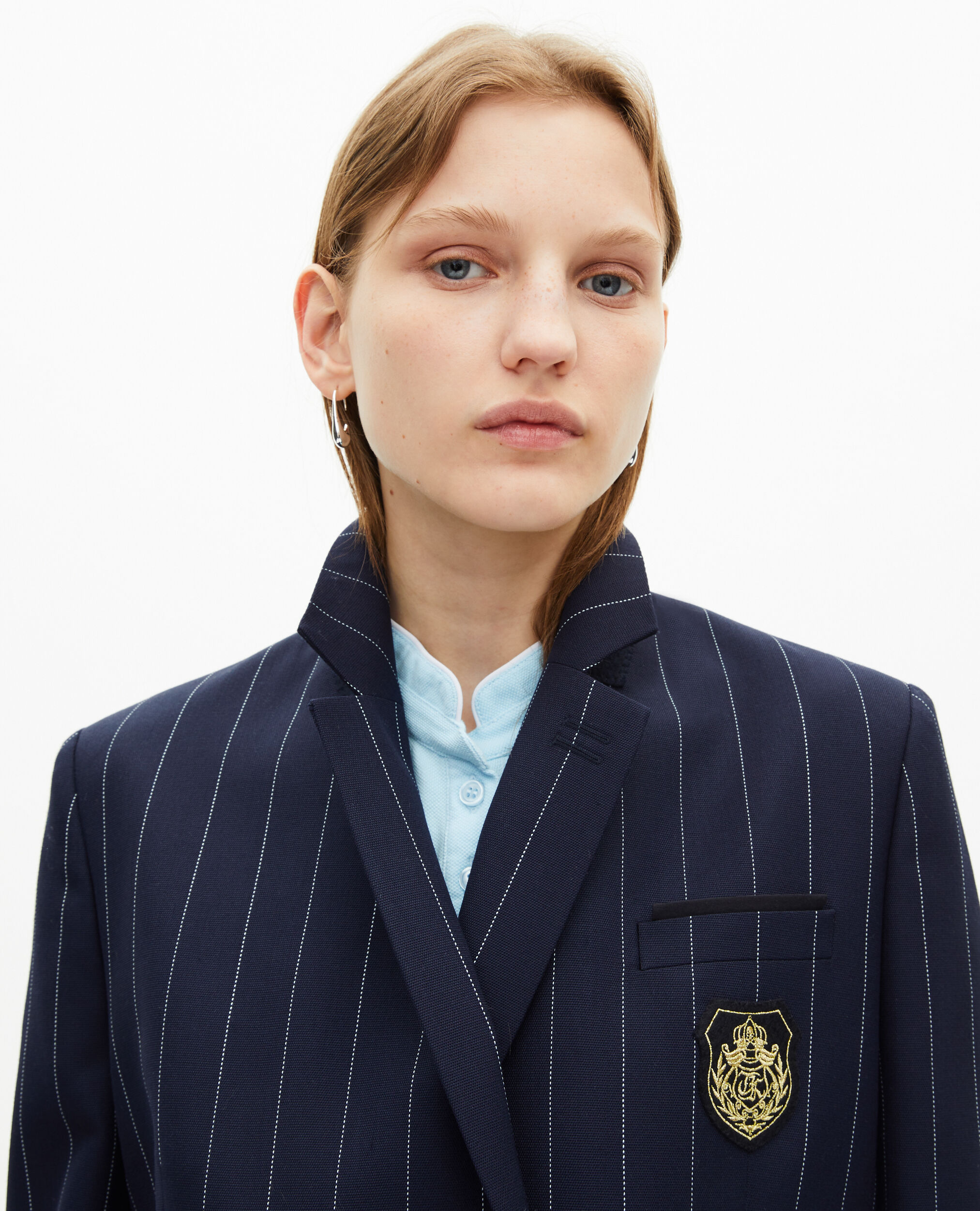 Veste tailleur à rayures tennis en laine mélangée bleu marine, NAVY, hi-res image number null