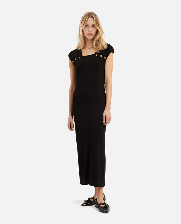 The Kooples FEMME BLACK robe longue en maille côtelée noire