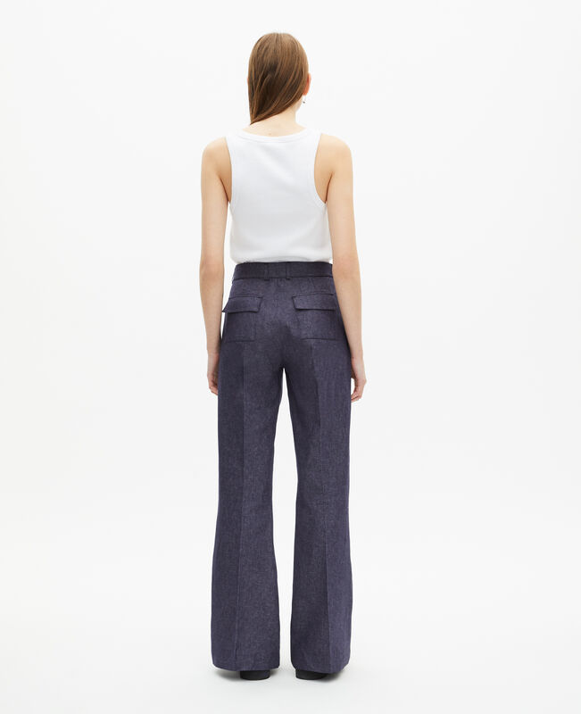 The Kooples FEMME BLUE pantalon flare en coton et lin bleu