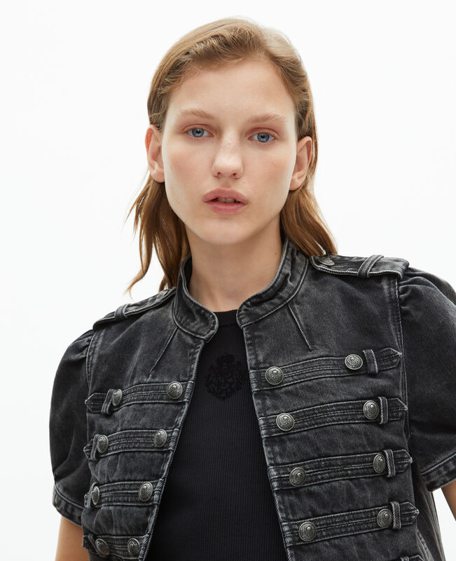 The Kooples FEMME BLACK WASHED veste manches courtes officier en denim grise
