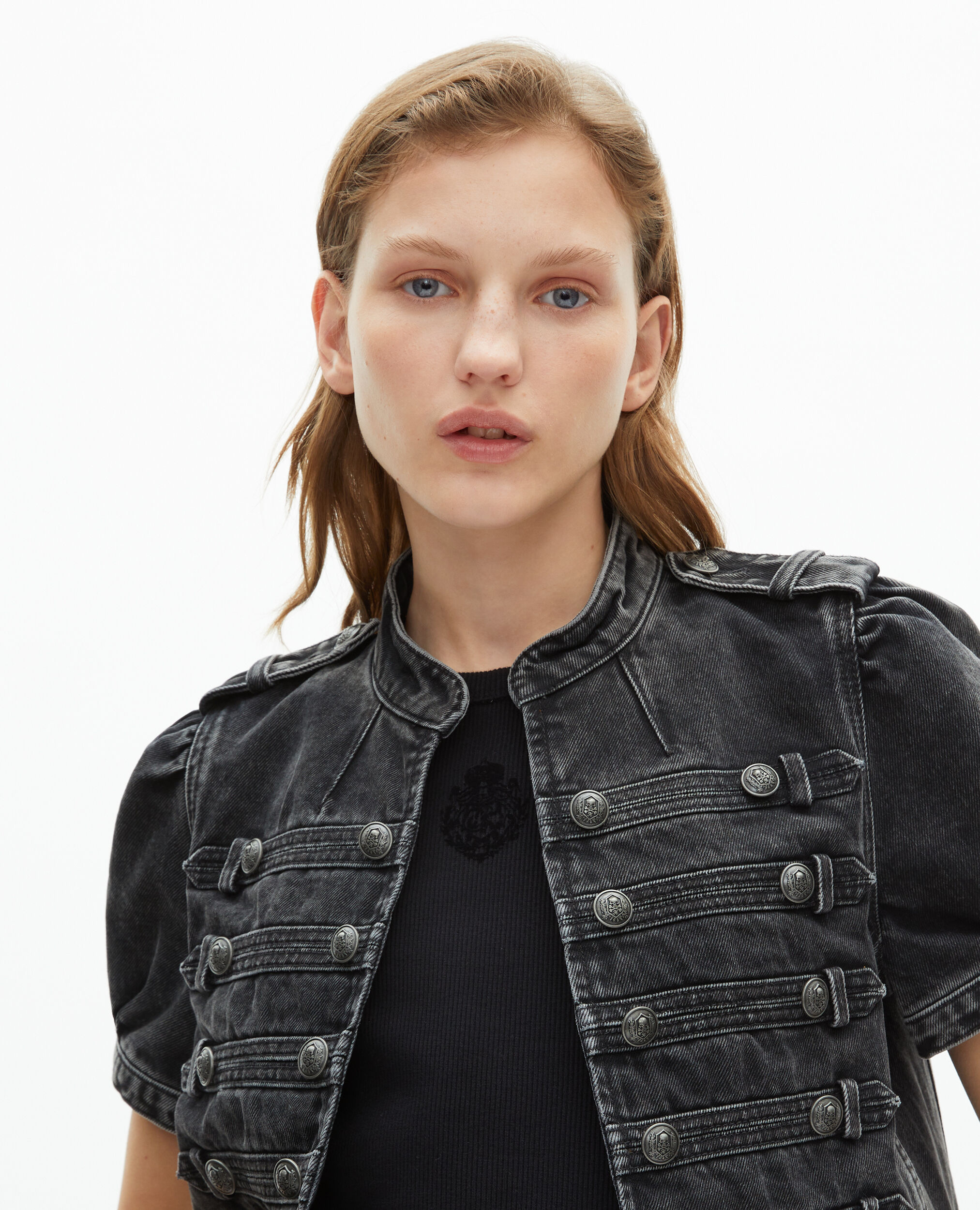 Veste manches courtes officier en denim grise, BLACK WASHED, hi-res image number null