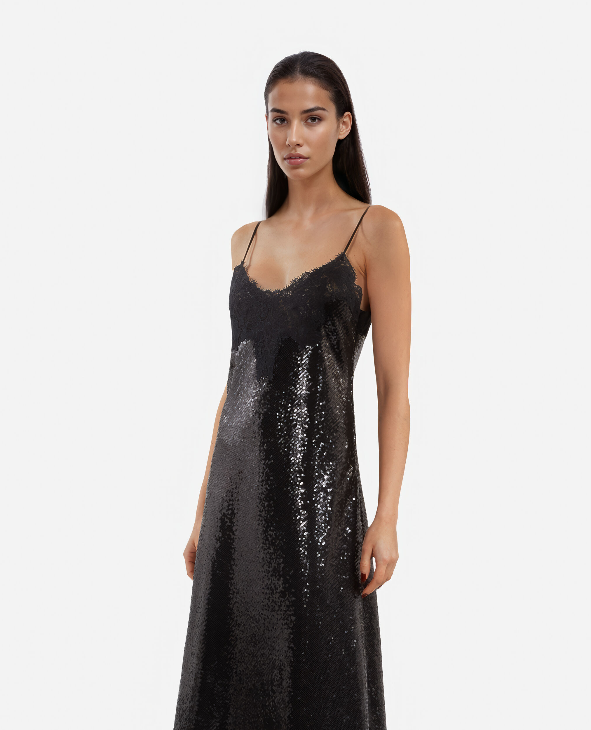 Robe nuisette longue à sequins noire, BLACK, hi-res image number null