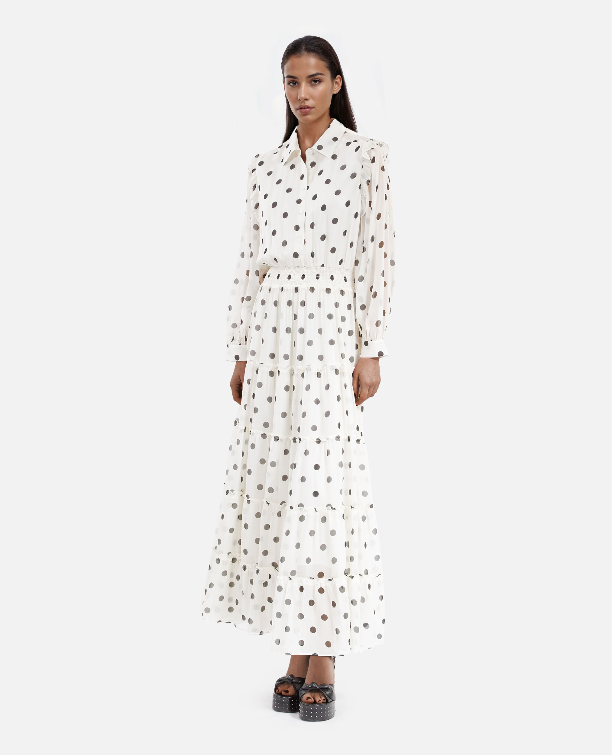 Robe longue blanche à pois écrue, WHITE / BLACK, hi-res image number null