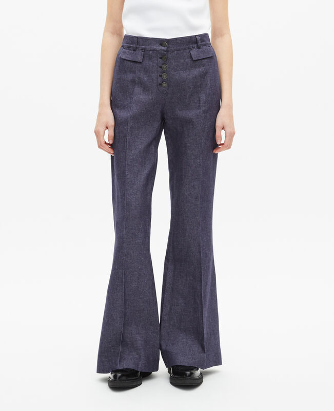 The Kooples FEMME BLUE pantalon flare en coton et lin bleu