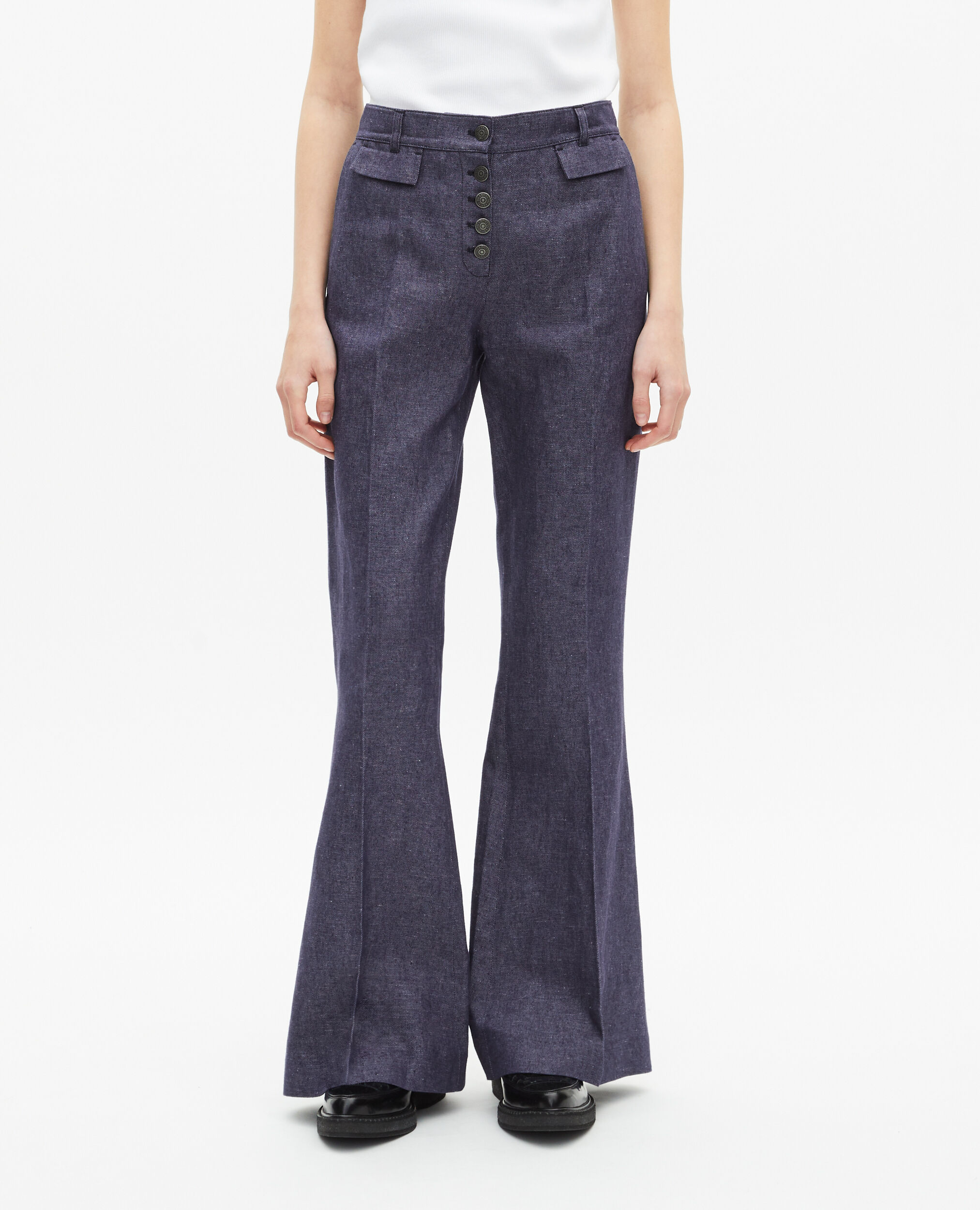 Pantalon flare en coton et lin bleu, BLUE, hi-res image number null
