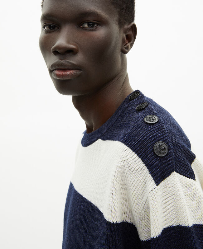 The Kooples HOMME ECRU NAVY pull en laine et lin à rayures marine
