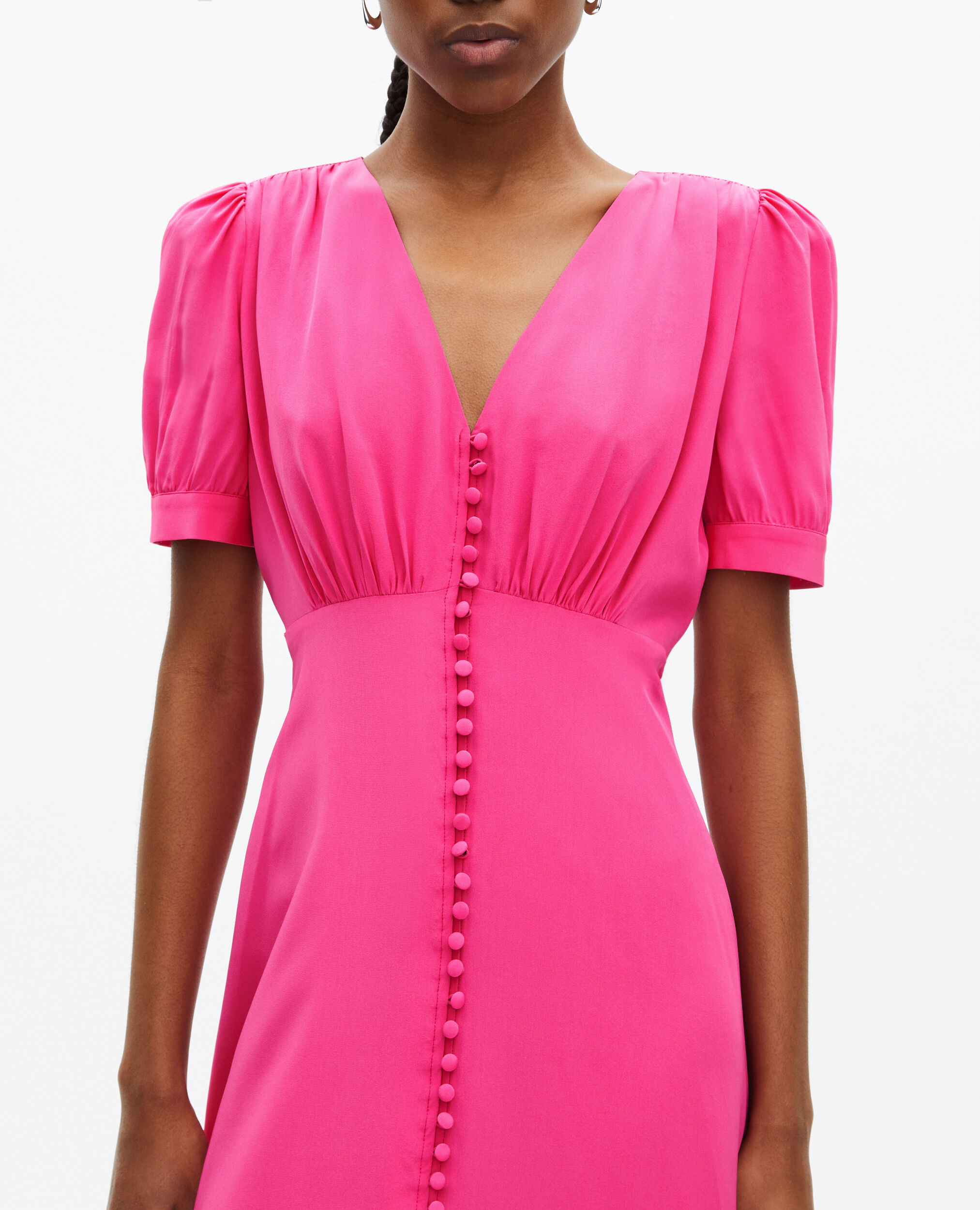 Robe longue avec boutonnage en soie rose, FUSHIA, hi-res image number null