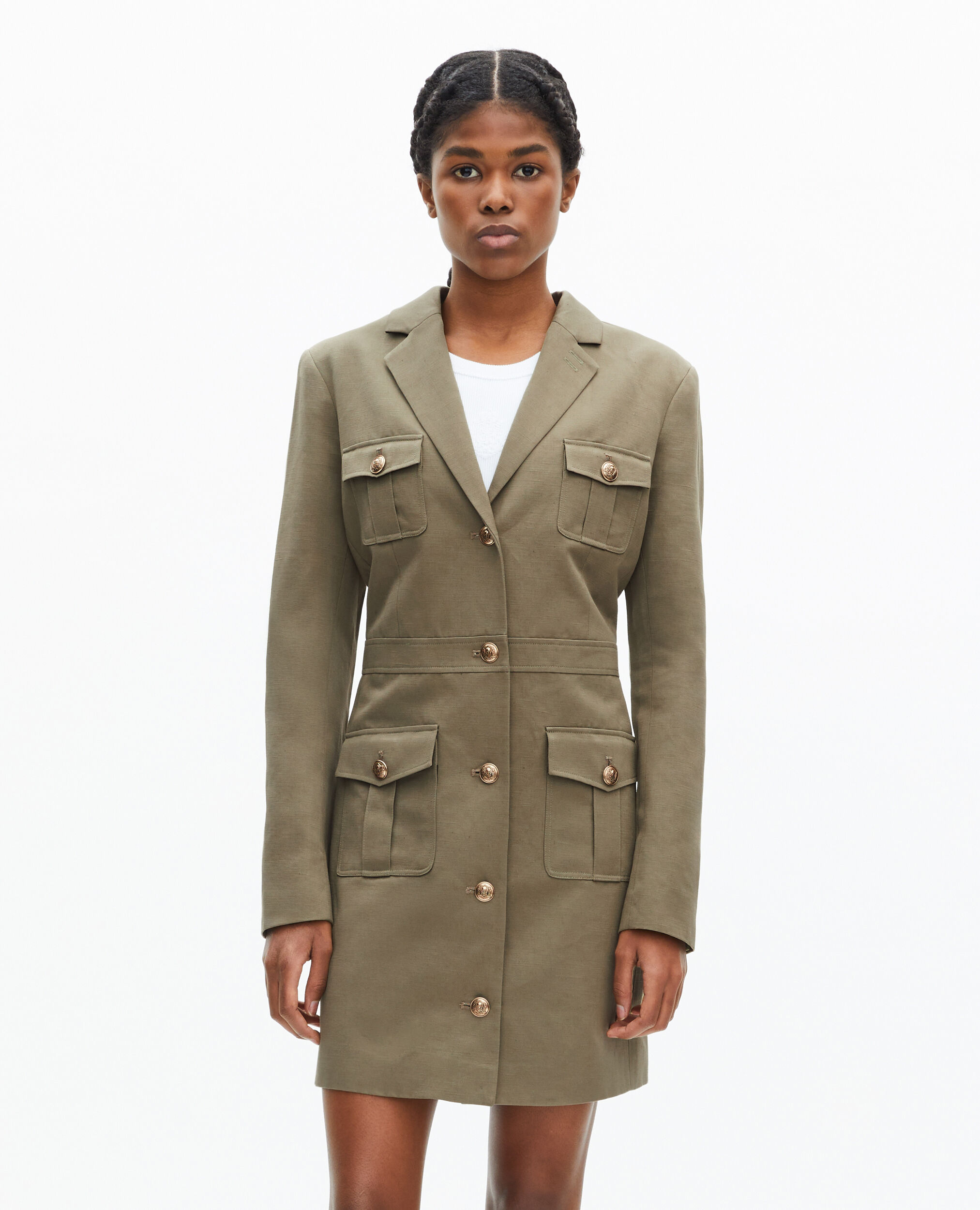 Robe courte style officier en lin kaki, KAKI, hi-res image number null
