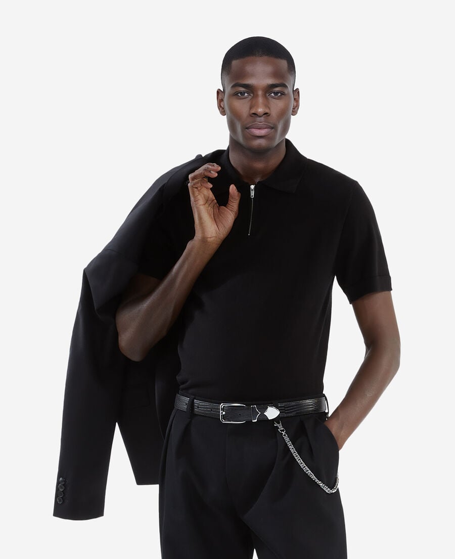 The Kooples HOMME BLACK polo en maille col zippé noir