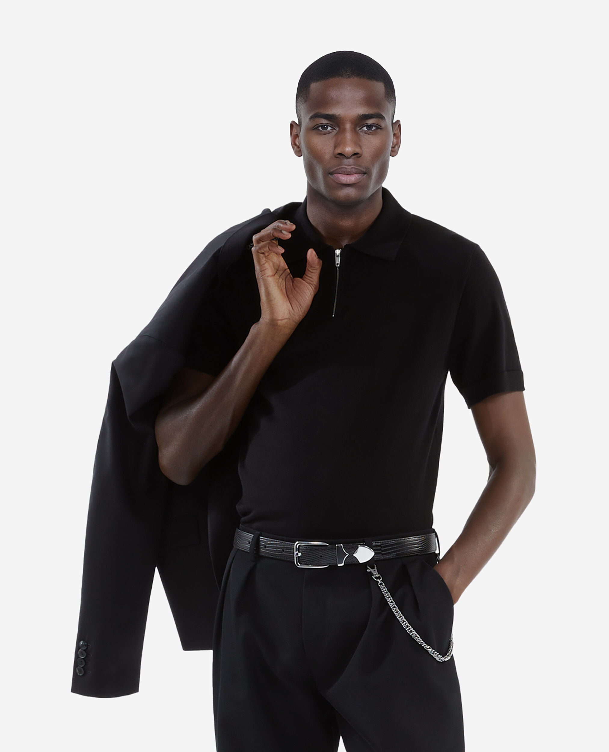Polo en maille col zippé noir, BLACK, hi-res image number null
