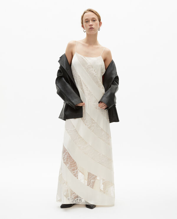 The Kooples FEMME ECRU robe nuisette longue en soie et dentelle écrue
