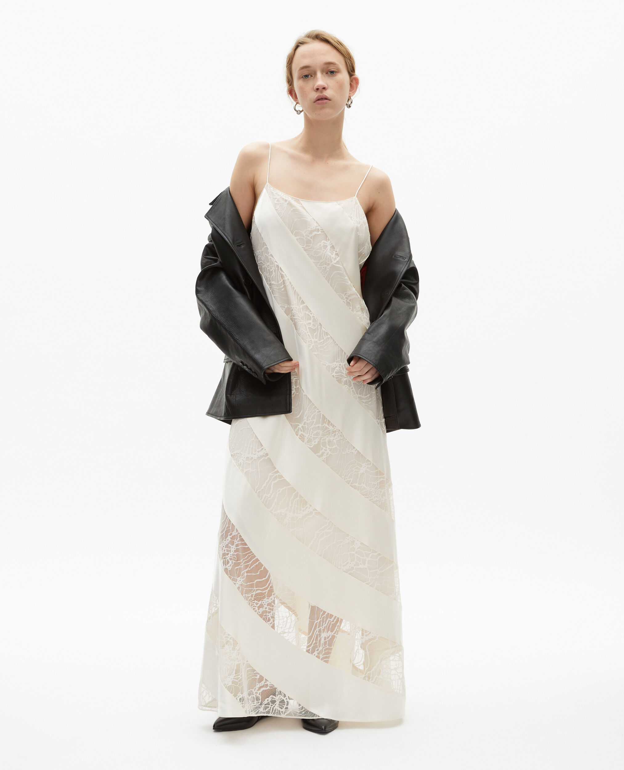 Robe nuisette longue en soie et dentelle écrue, ECRU, hi-res image number null