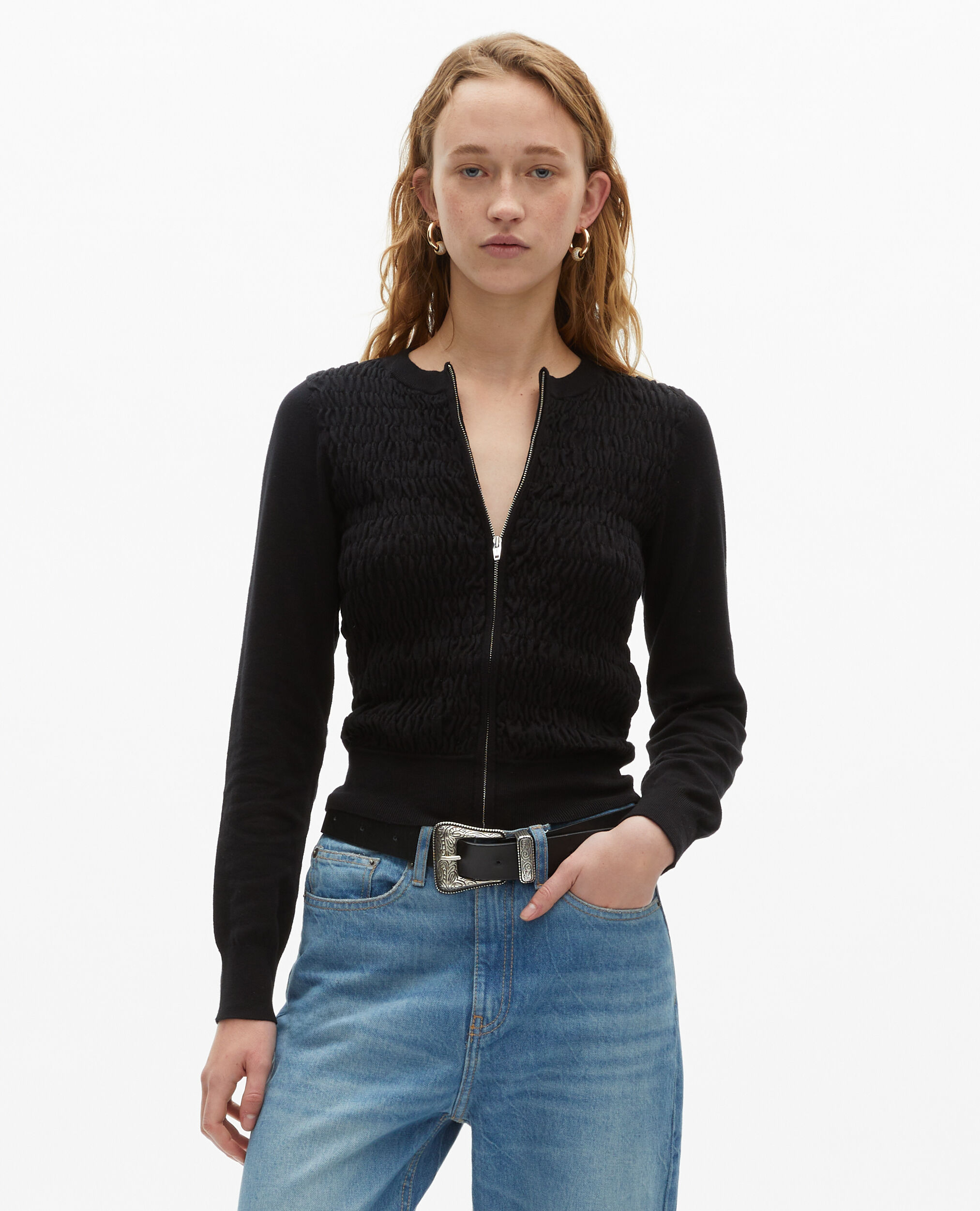Cardigan en coton zippé noir, BLACK, hi-res image number null