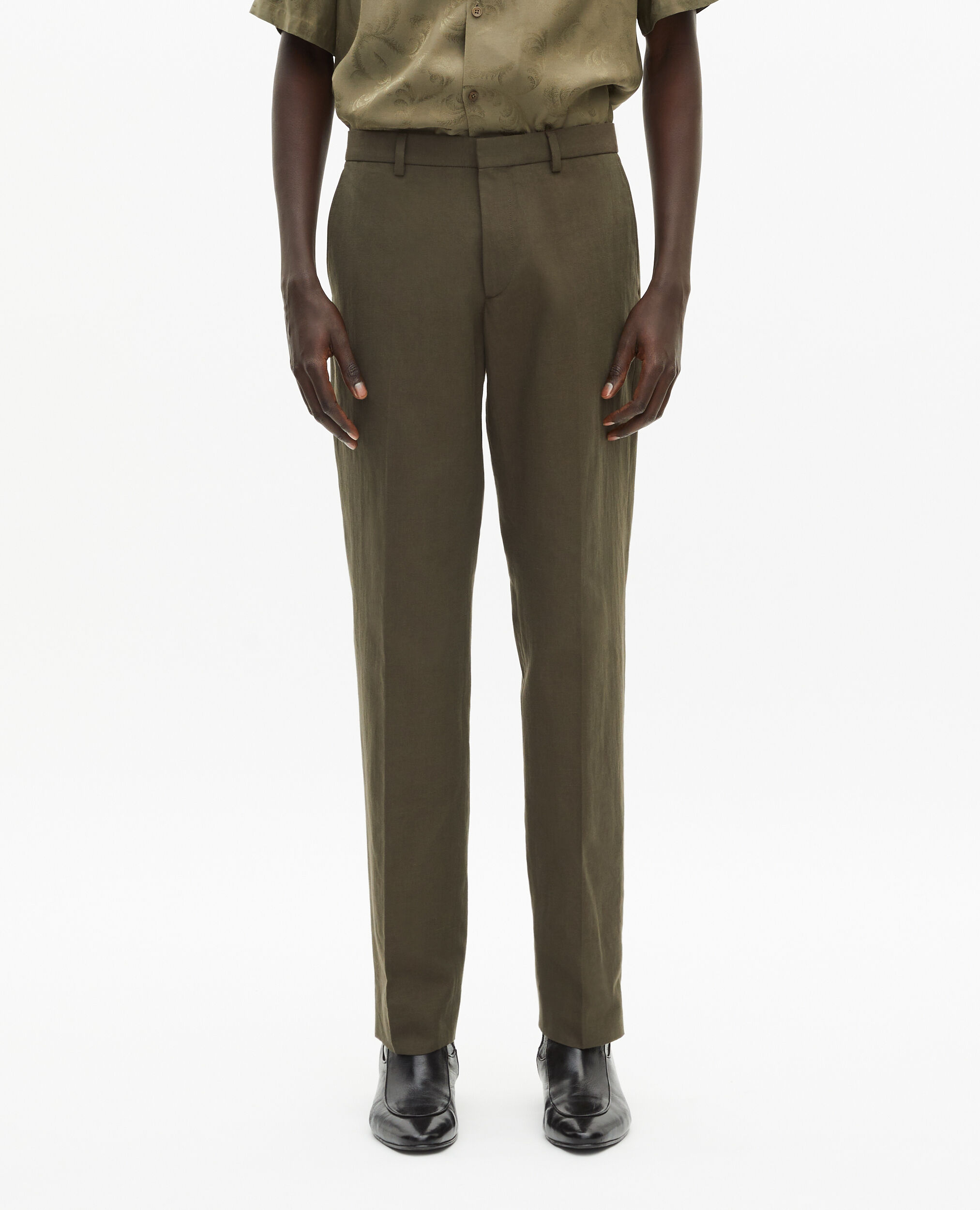 Pantalon de costume droit en coton lin kaki, KAKI, hi-res image number null