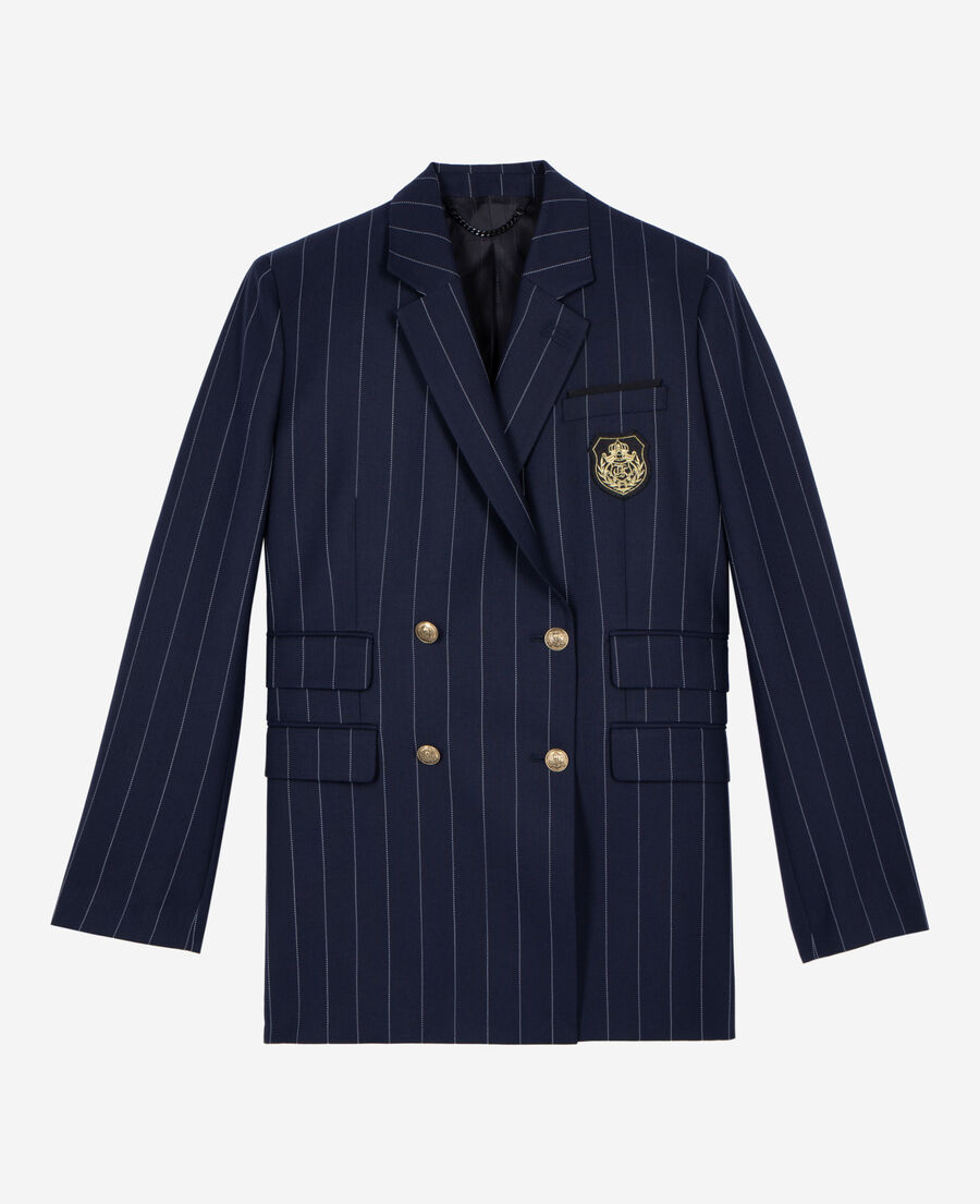 The Kooples WOMEN NAVY navy blue wool blend tennis stripe suit jacket