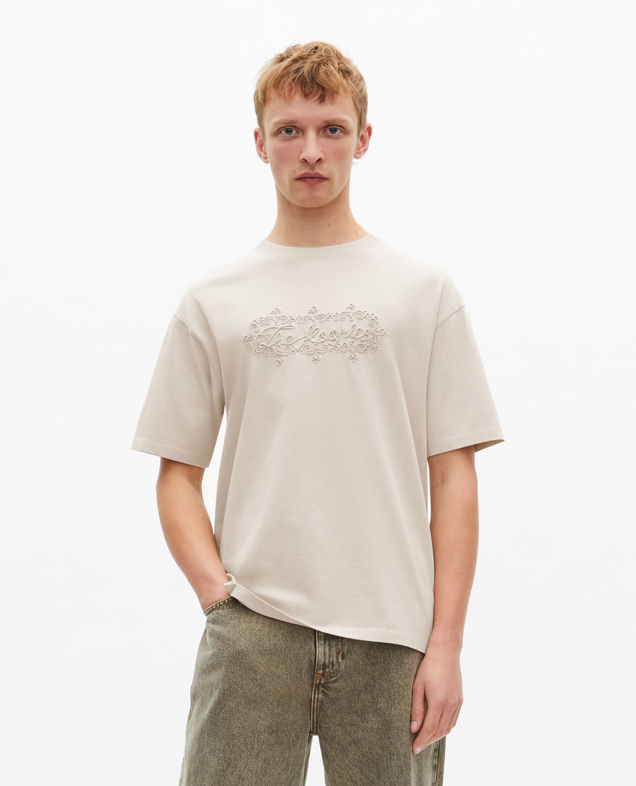 T-shirt avec broderie logo beige, BEIGE GREY, hi-res image number null