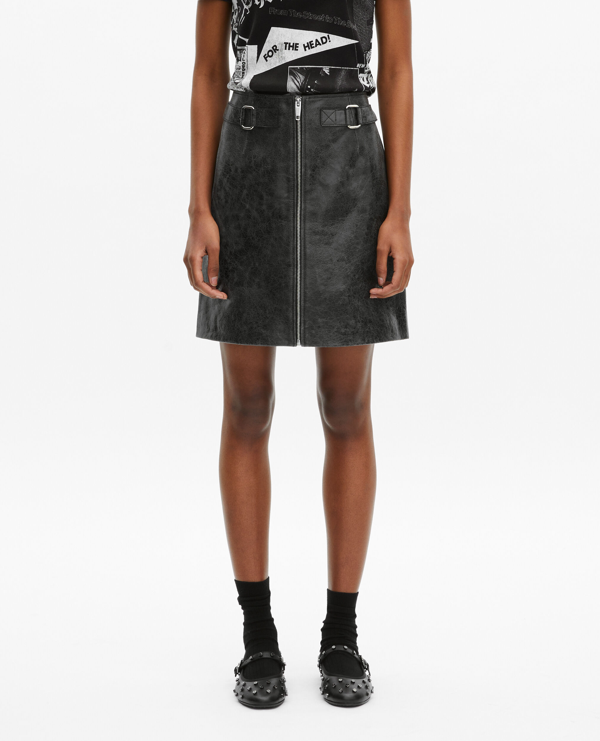 Jupe courte zippée en cuir noire, BLACK STONE, hi-res image number null