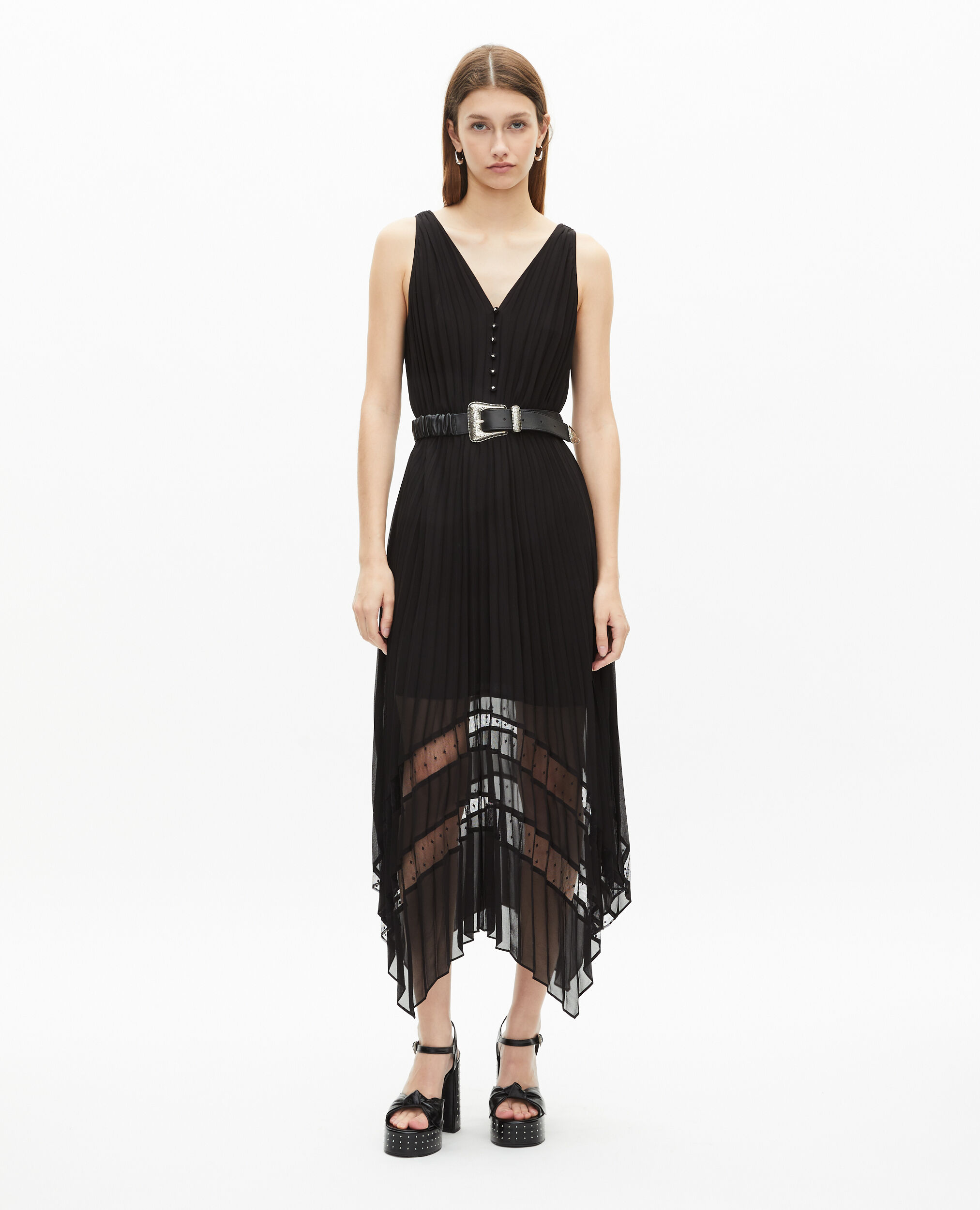 Robe longue plissée noire, BLACK, hi-res image number null