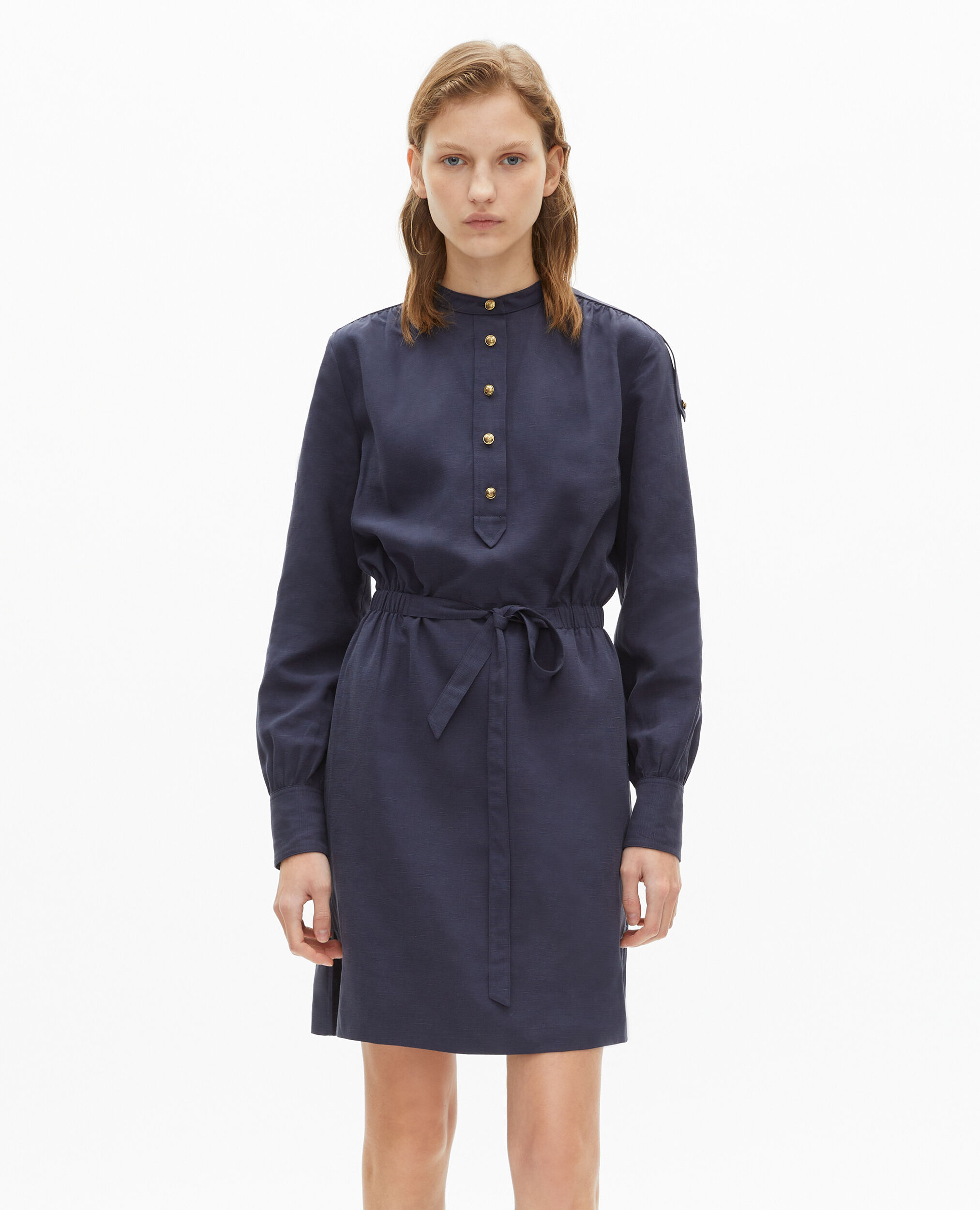 Robe courte en lin bleu marine, NAVY, hi-res image number null