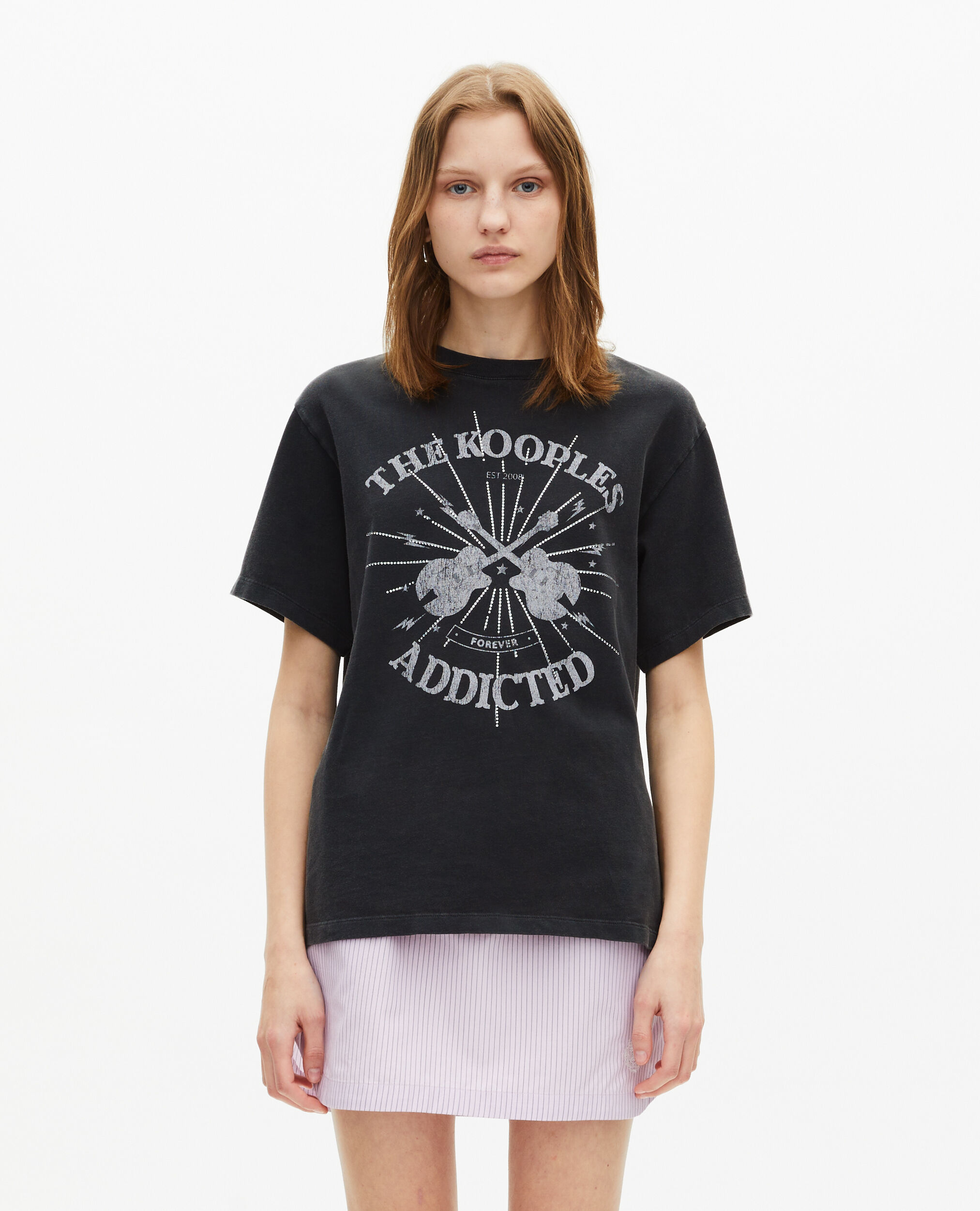 T-shirt avec sérigraphie en strass noir délavé, BLACK WASHED, hi-res image number null