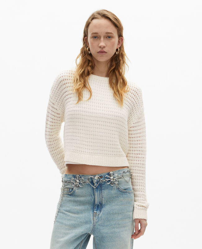 The Kooples FEMME ECRU pull court ajouré en coton mélangé ecru