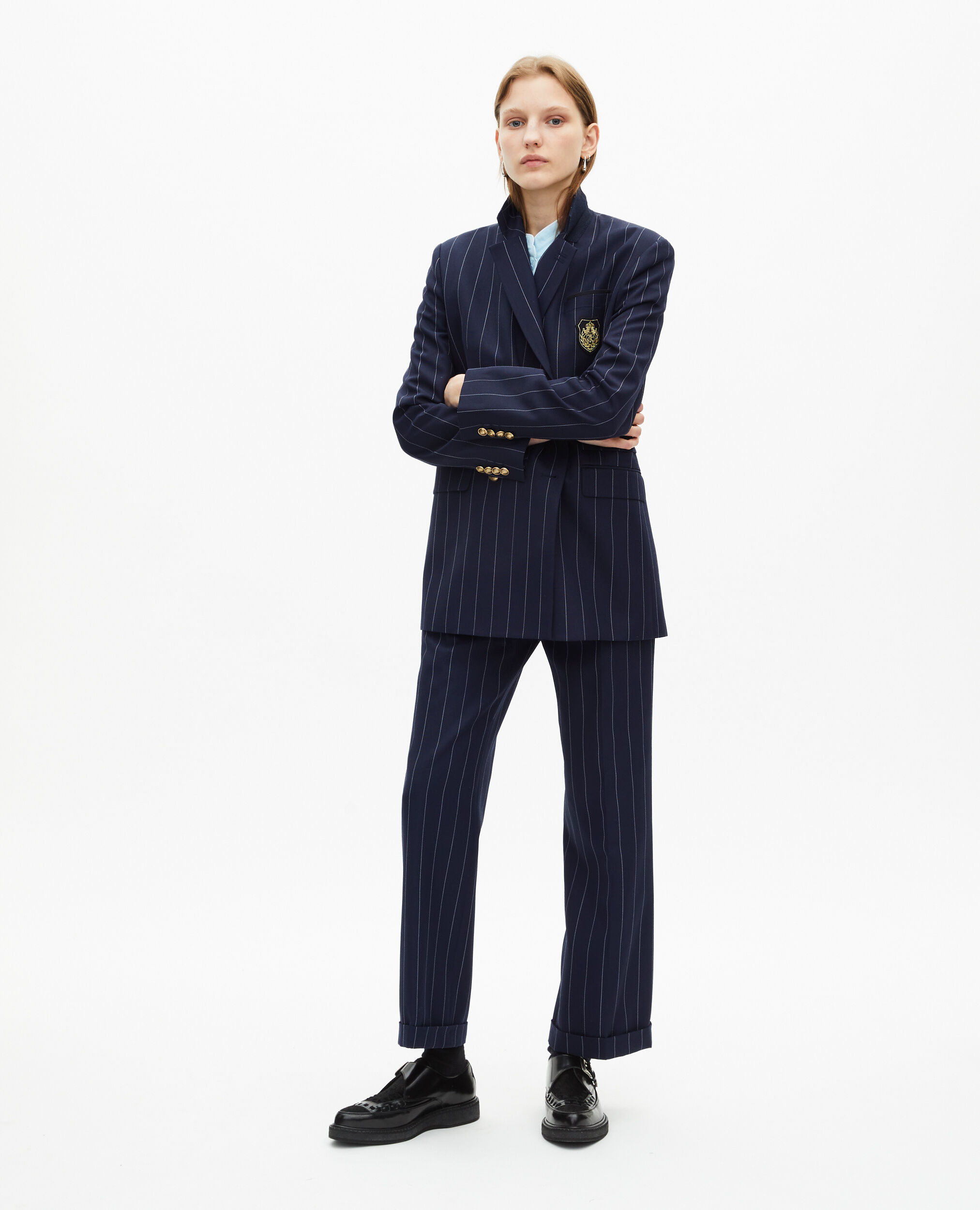 Veste tailleur à rayures tennis en laine mélangée bleu marine, NAVY, hi-res image number null