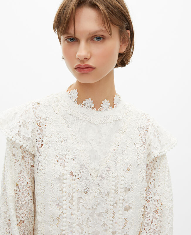 The Kooples FEMME ECRU robe courte manches longues en dentelle écrue