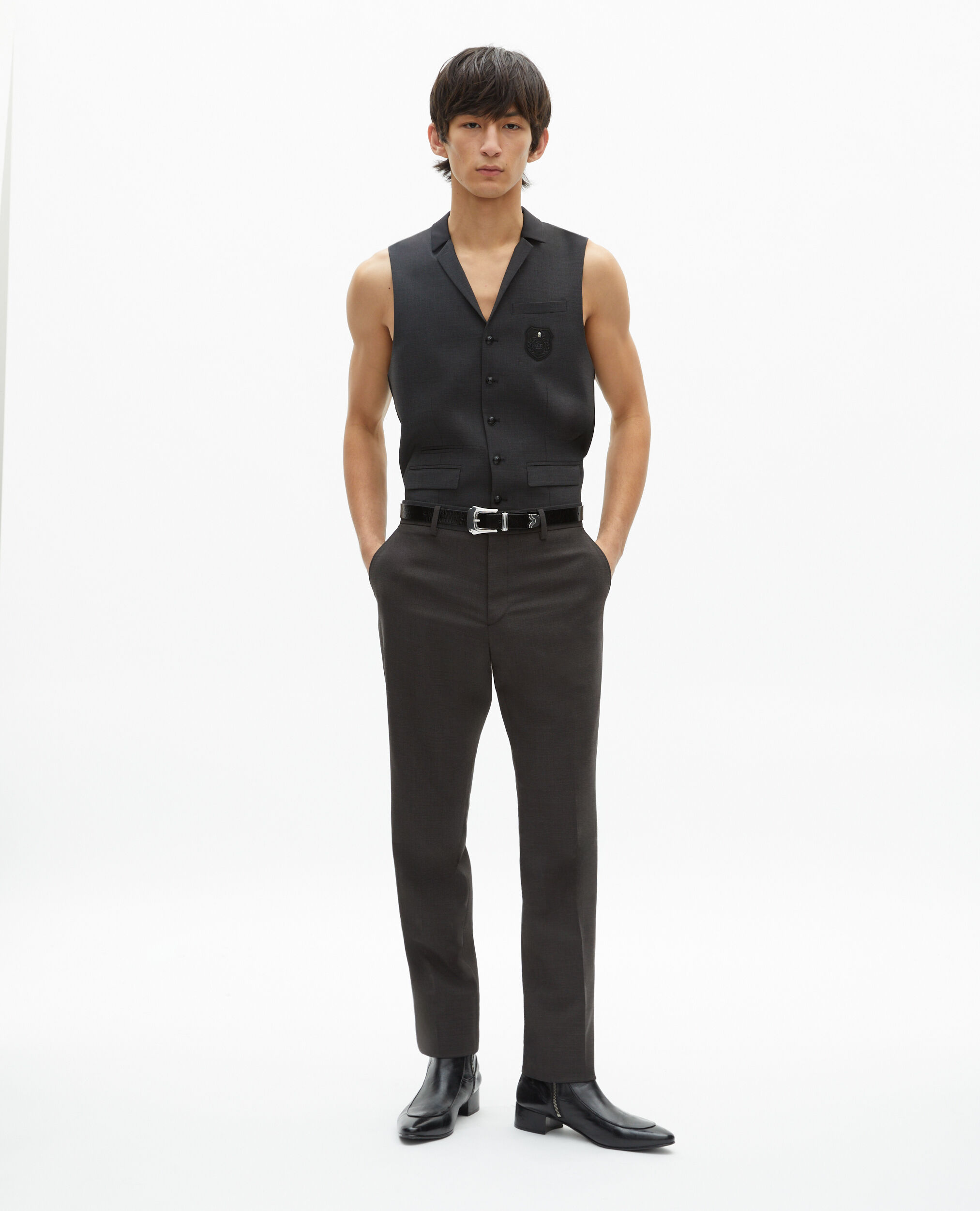 Pantalon de costume en laine mélangée micro carreaux noir, BLACK GREY, hi-res image number null