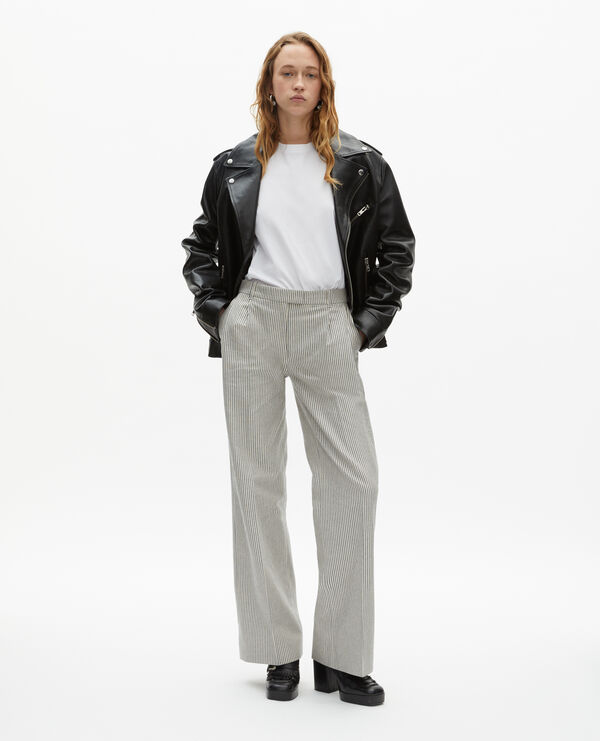 The Kooples FEMME BLANC / BLEU pantalon ample à rayures en coton et lin blanc