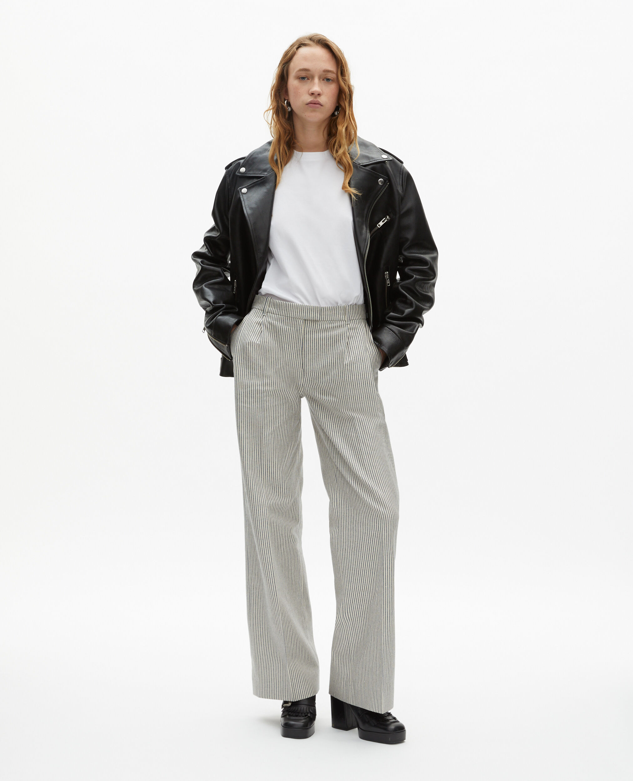 Pantalon ample à rayures en coton et lin blanc, BLANC / BLEU, hi-res image number null