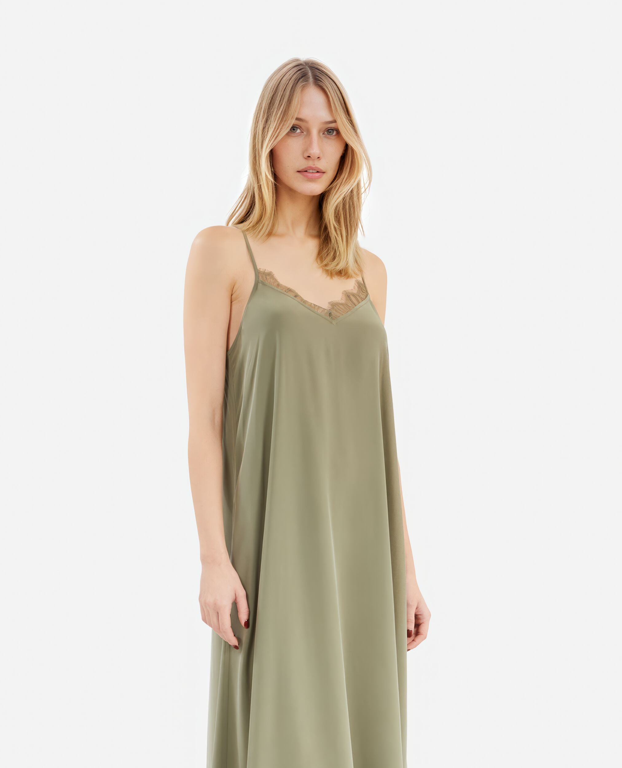 Robe nuisette longue kaki en soie, OLIVE KAKI, hi-res image number null