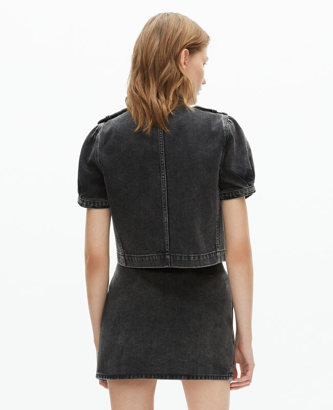 The Kooples FEMME BLACK WASHED veste manches courtes officier en denim grise