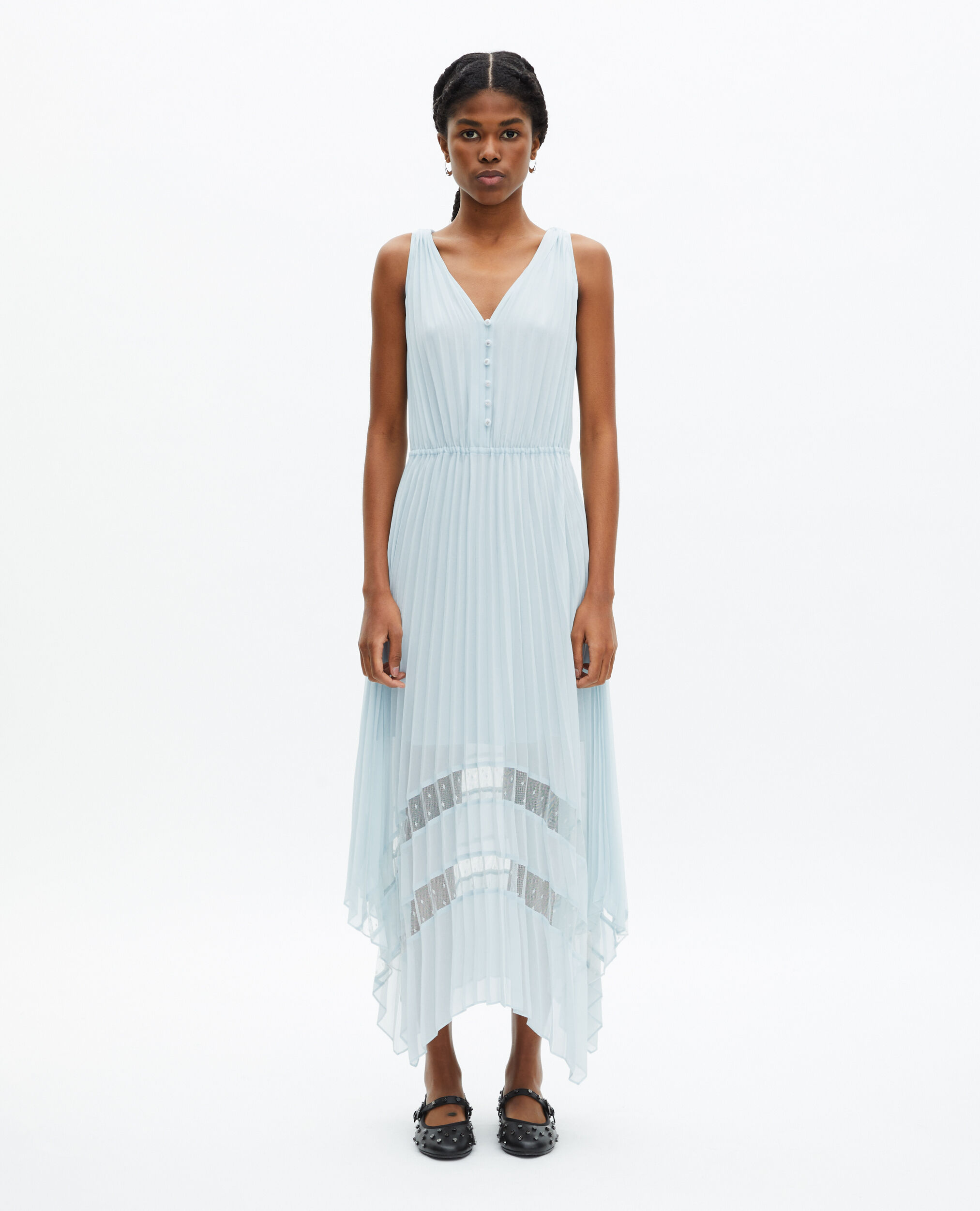 Robe longue avec plissage bleue clair et plumetis, BABY BLUE, hi-res image number null