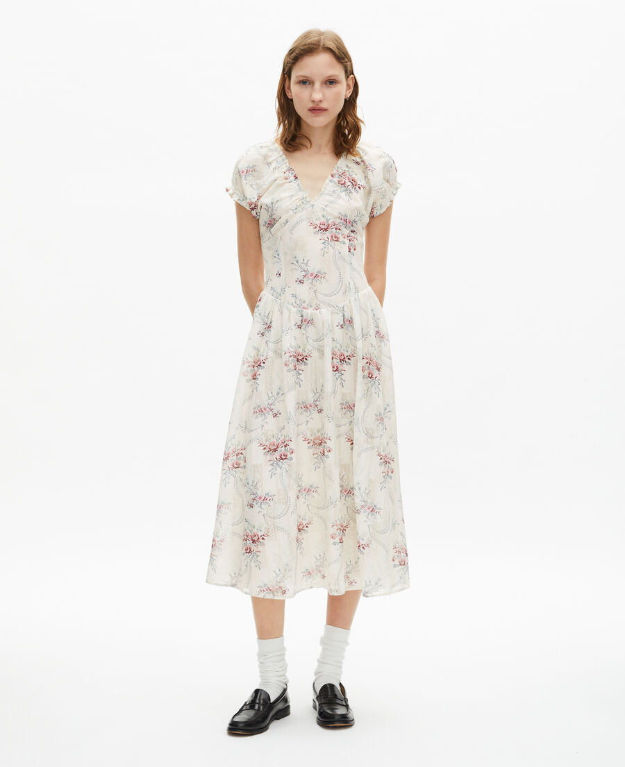 The Kooples FEMME OFF WHITE / PINK robe longue imprimé fleuri blanche