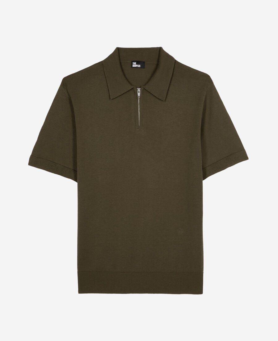 The Kooples HOMME OLIVE KAKI polo en maille col zippé kaki