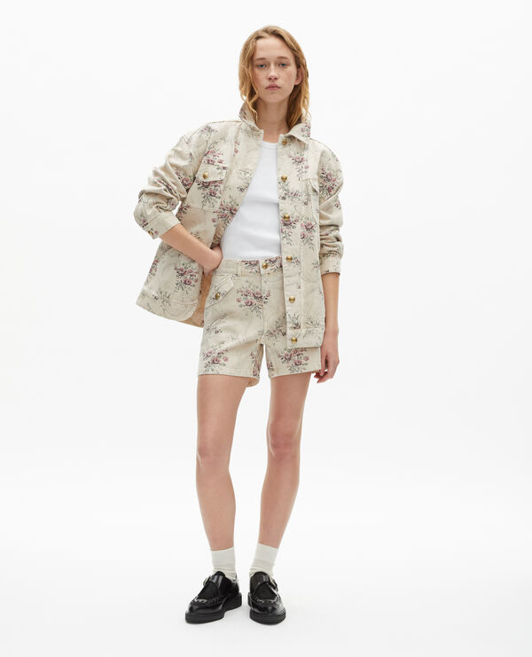 The Kooples FEMME BEIGE TAUPE veste imprimé fleuri en denim beige