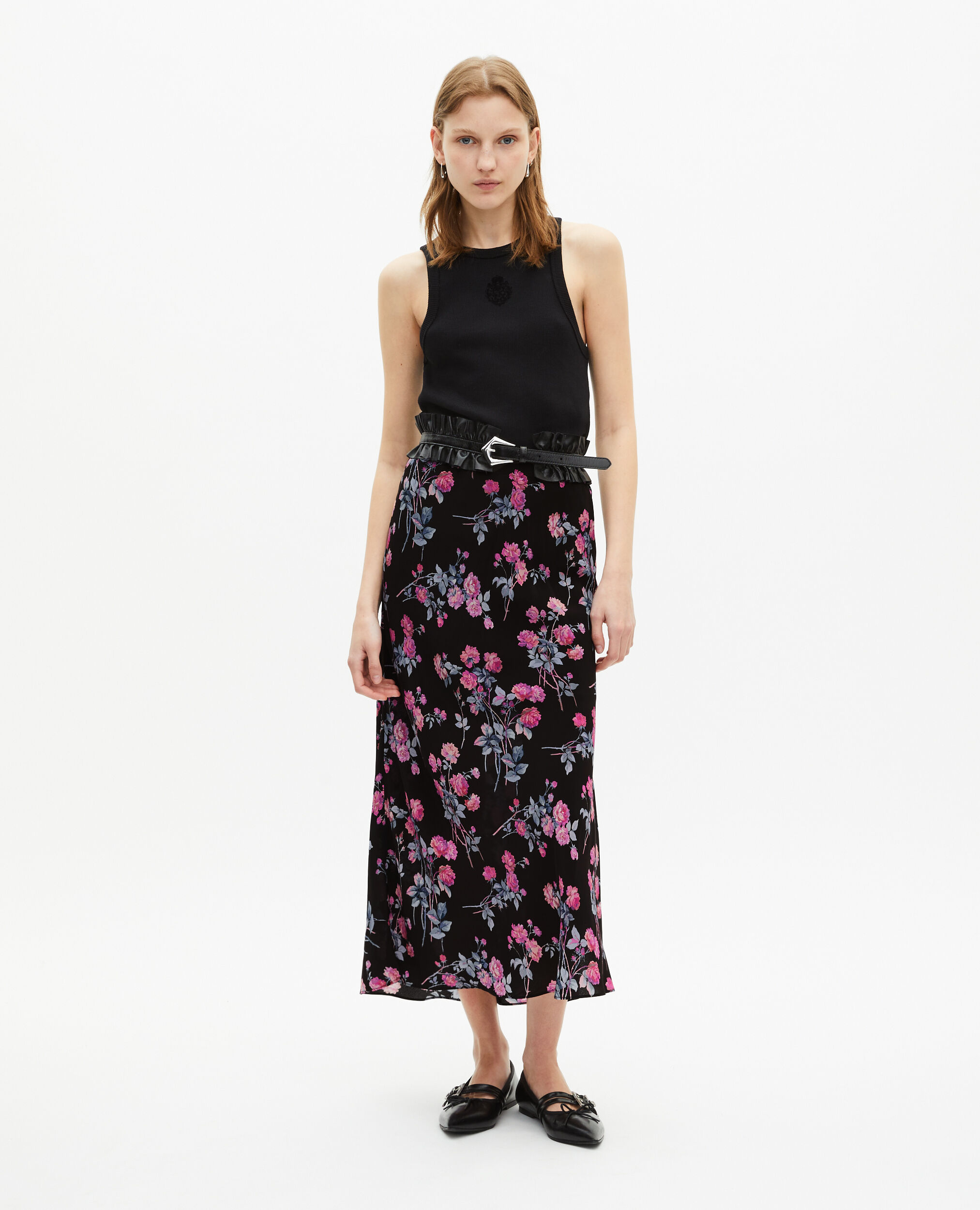 Jupe longue imprimé fleuri noire, BLACK / PINK, hi-res image number null