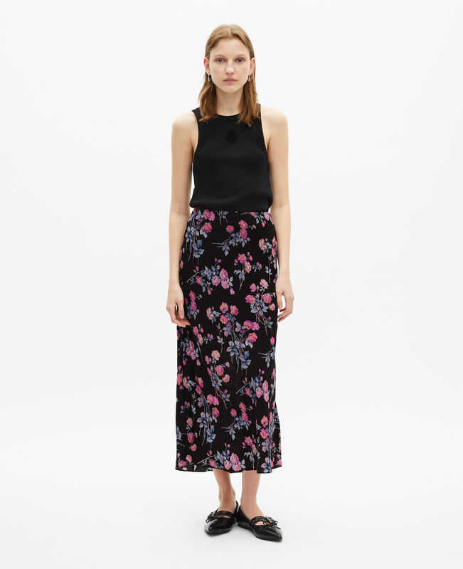 The Kooples FEMME BLACK / PINK jupe longue imprimé fleuri noire