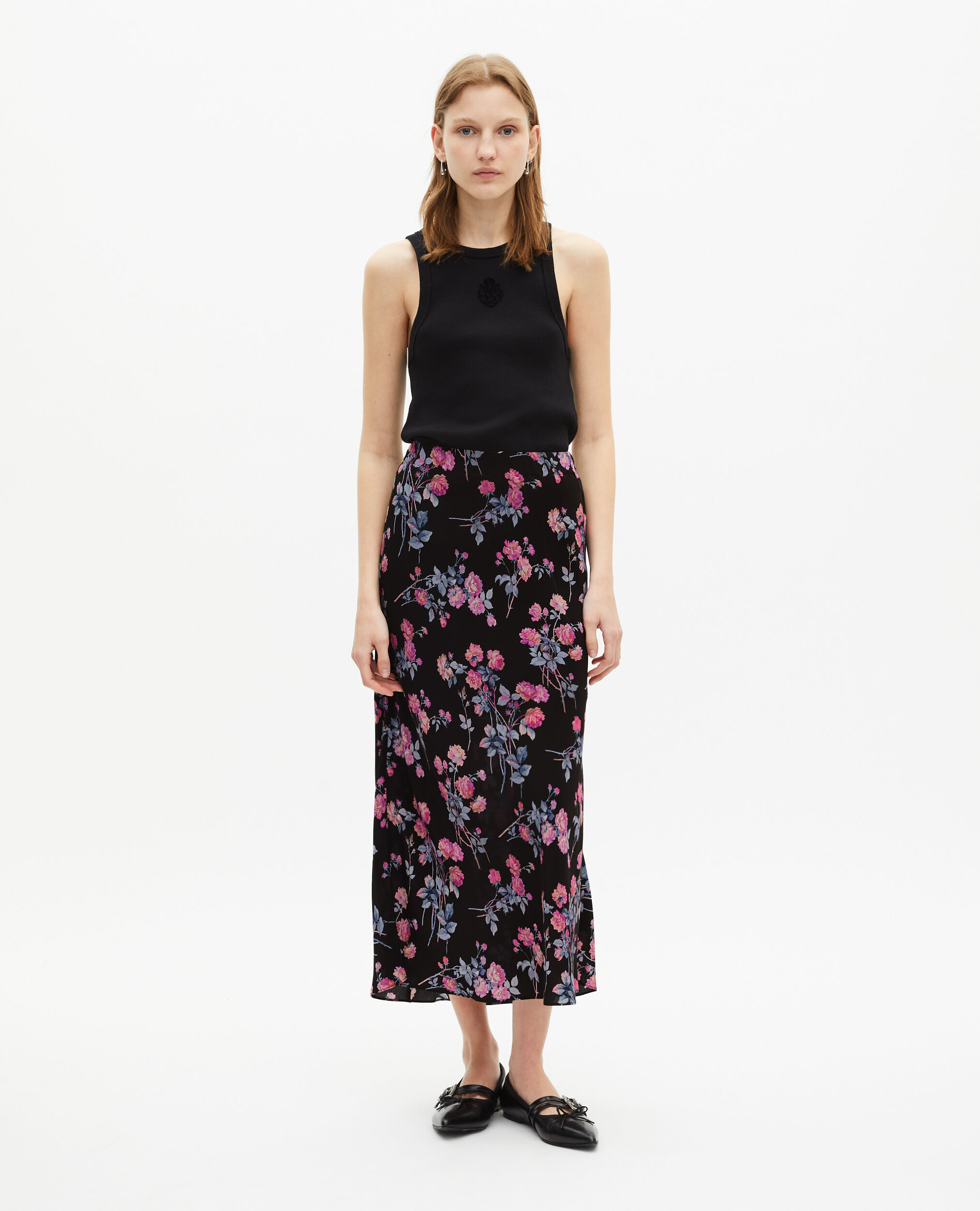 Jupe longue imprimé fleuri noire, BLACK / PINK, hi-res image number null