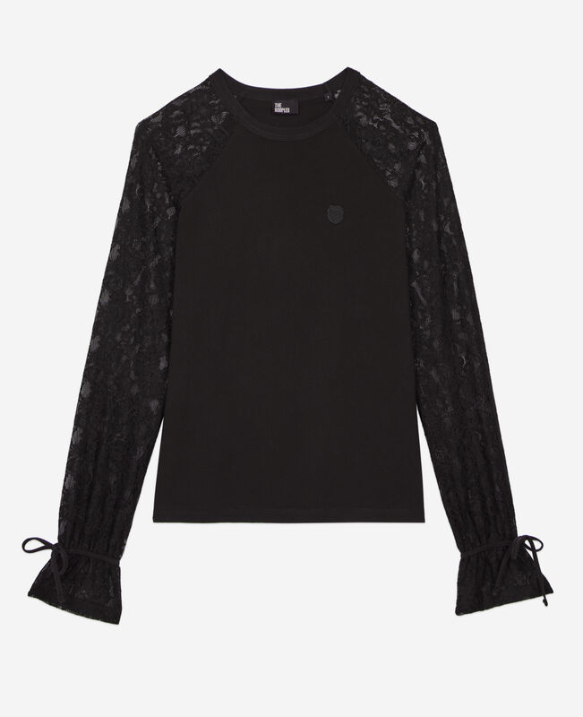 The Kooples FEMME BLACK WASHED t-shirt manches longues en dentelle noir