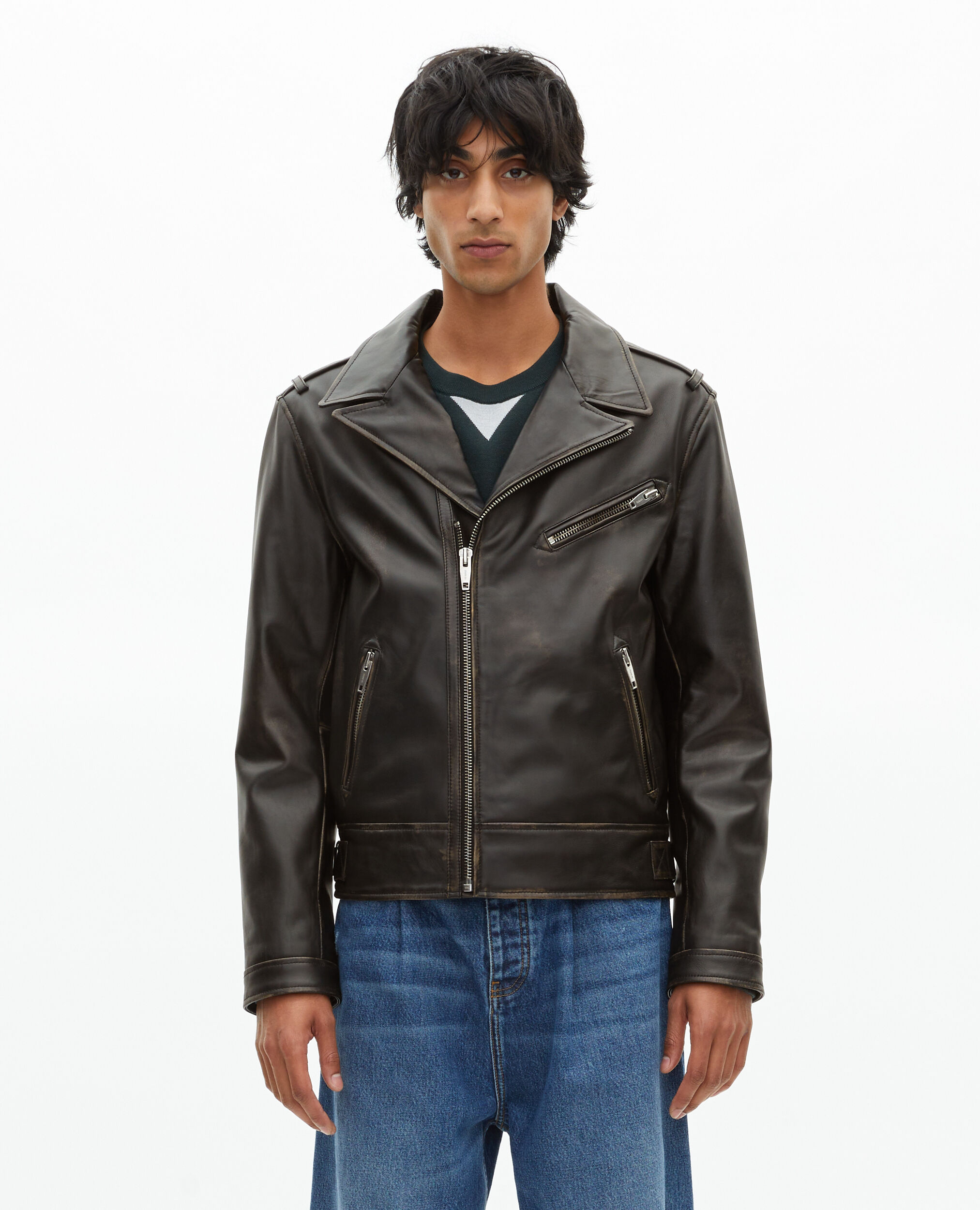 Blouson style biker en cuir noir, BLACK USED LIGHT, hi-res image number null