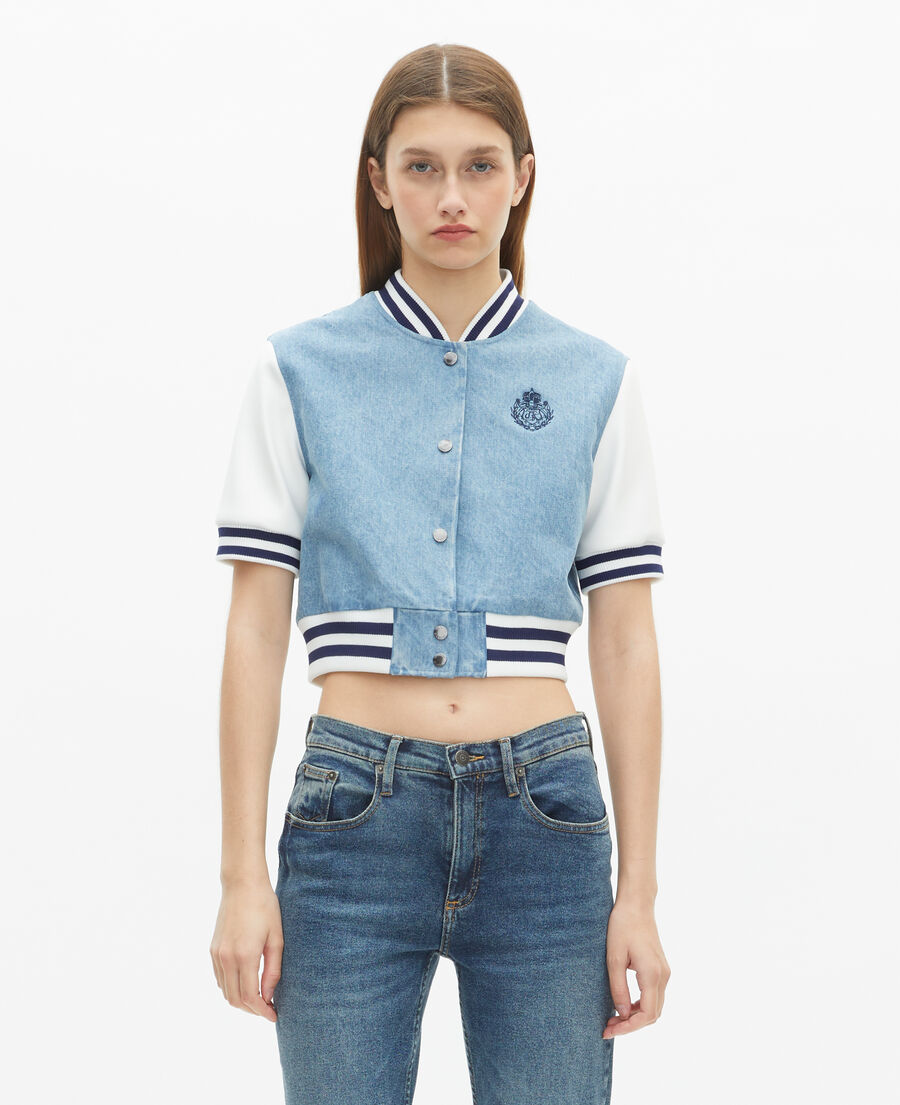 The Kooples WOMEN BLUE WHITE short-sleeved teddy jacket in denim