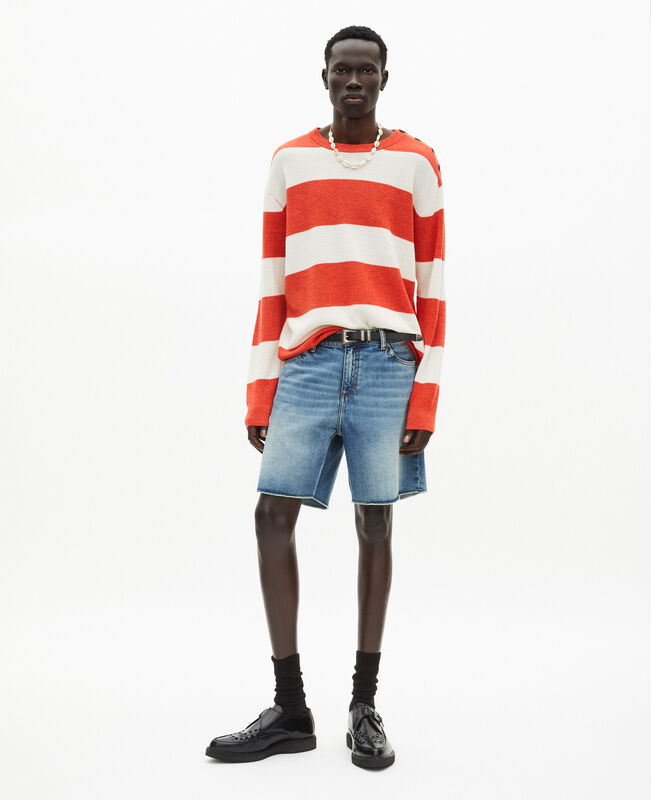 The Kooples HOMME ORANGE ECRU pull en laine et lin à rayures orange
