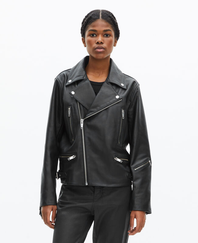 The Kooples FEMME BLACK blouson en cuir à franges noir