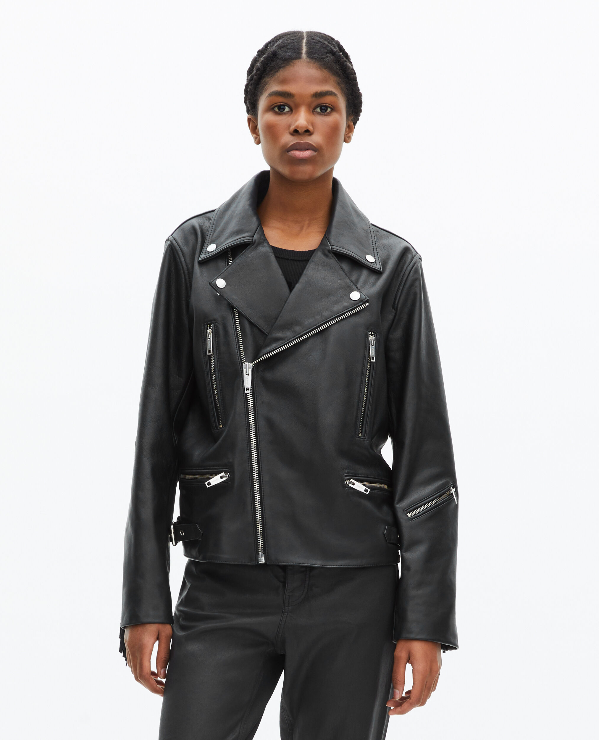 Blouson en cuir à franges noir, BLACK, hi-res image number null