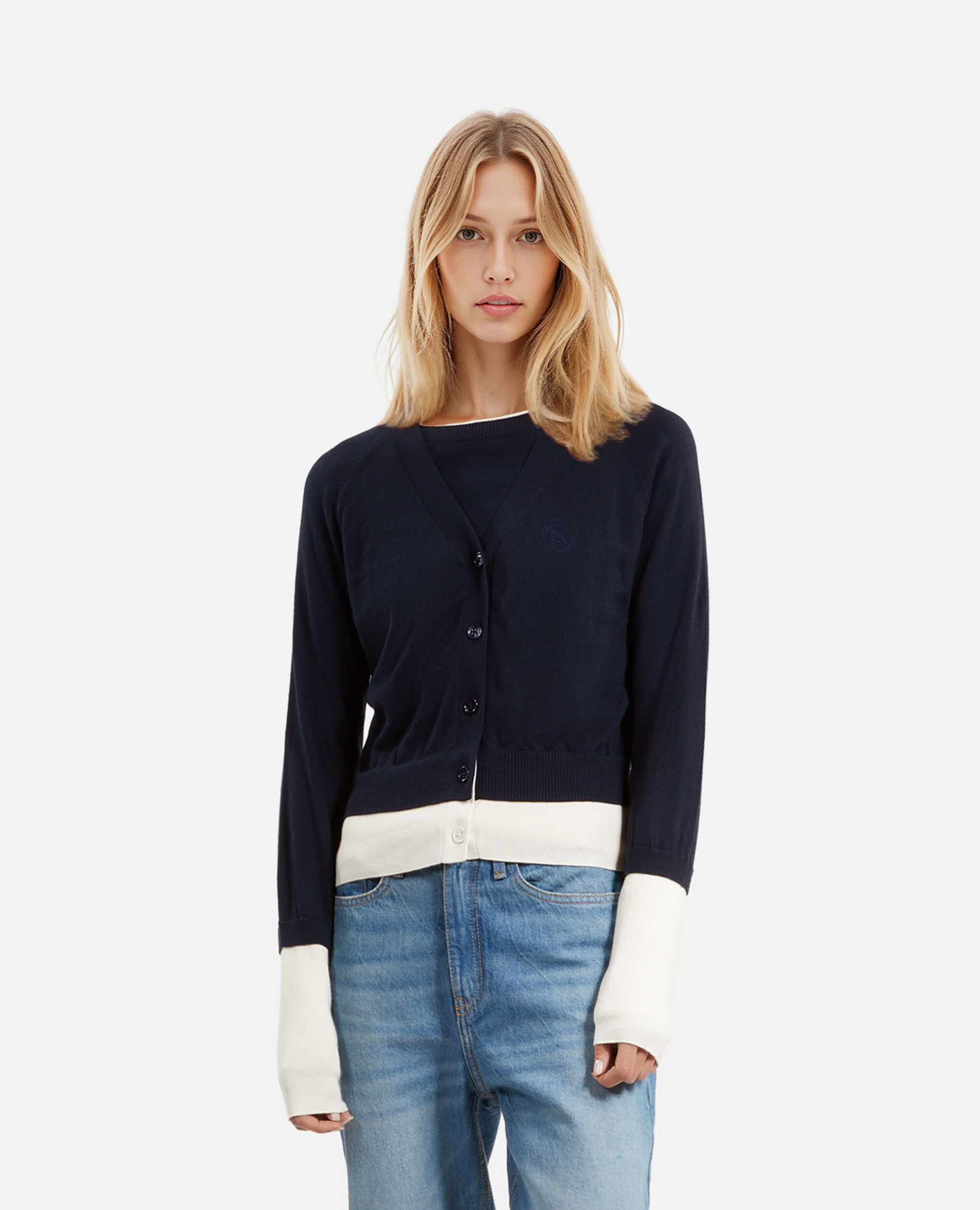 Cardigan en coton bleu marine et écru, DARK NAVY-ECRU, hi-res image number null