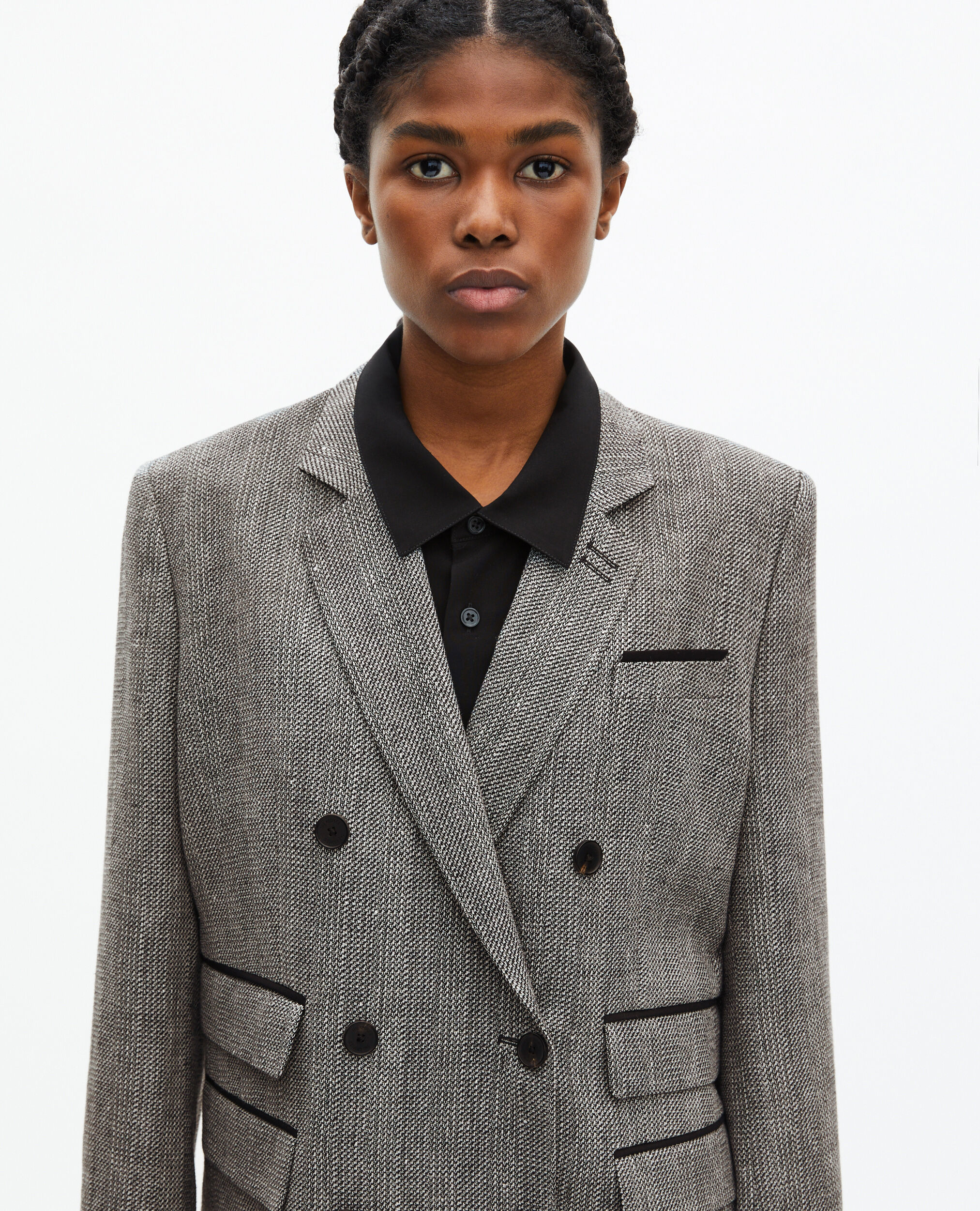 Veste tailleur en laine et lin grise, GREY, hi-res image number null